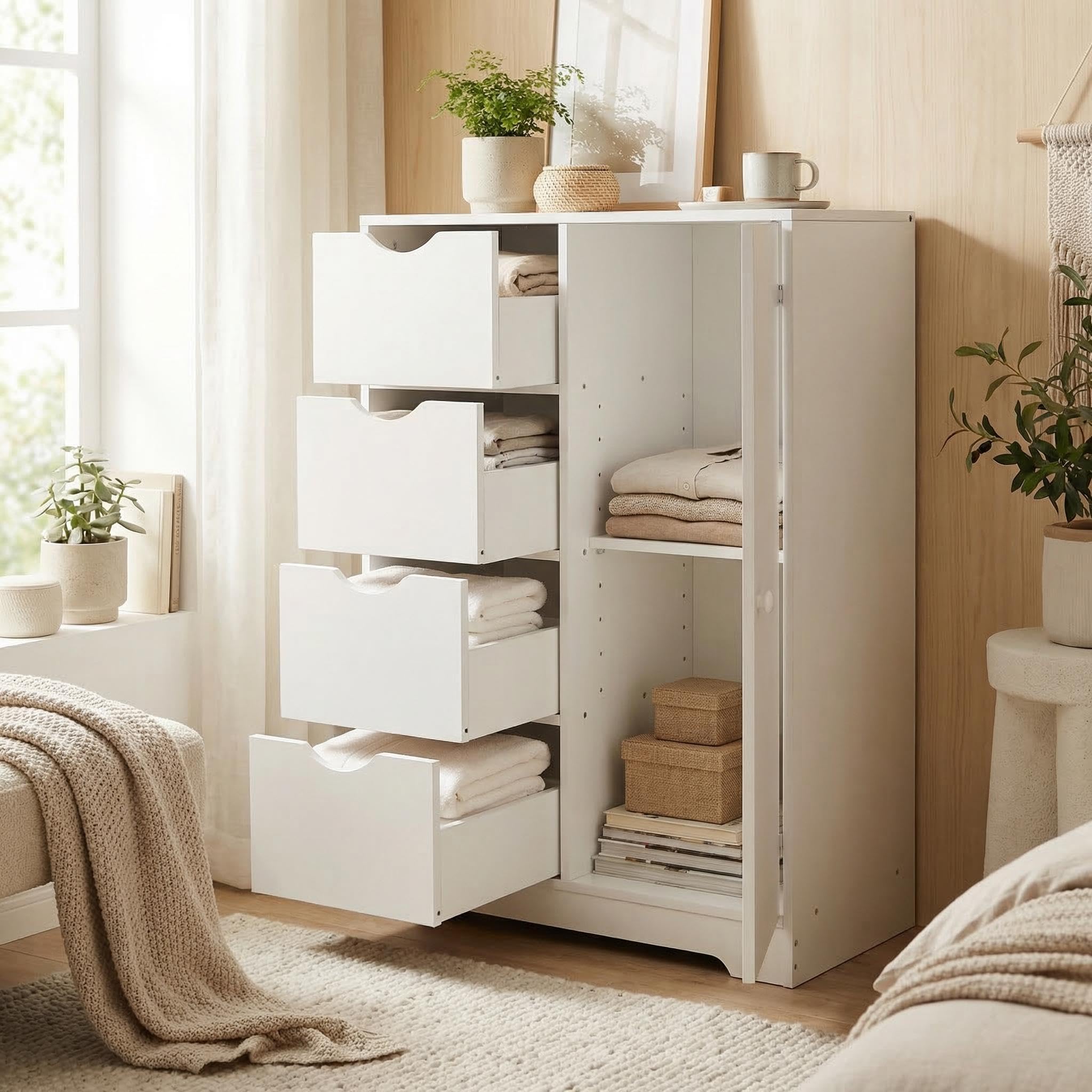 FurnitureR Kommode Weiß mit 4 Schubladen und Schrank, MDF Aufbewahrungsschrank mit Verstellbaren Regalböden, Schubladenschrank für Wohnzimmer Schlafzimmer Flur Büro, 55 x 30 x 82 cm
