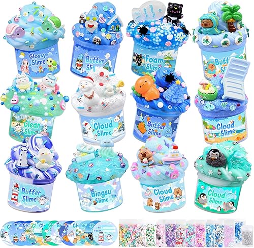 12 Pack Slimes, Blue Slime Kit, Clear Butter Slimes Cloud Slimes Fluffy DIY Kit for Girls Boys, Slime Party Favors Goodie Bag Easter Basket 12 Pack
