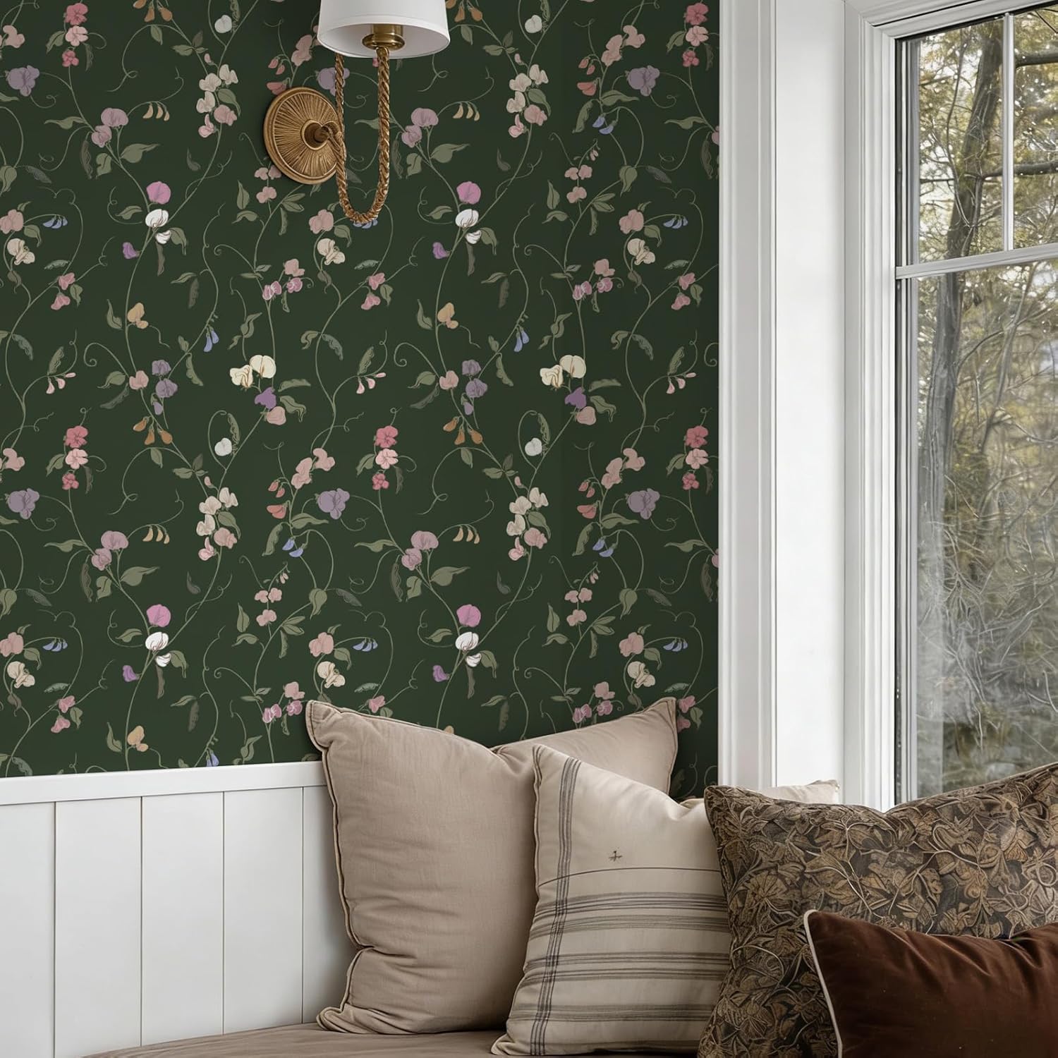 Vintage Wallpaper Peel and Stick Dark Green Floral Wallpaper Leaf Contact Paper Vinyl Waterproof Self Adhesive Boho Botanical Wall Paper for Bedroom Shlef Cabinet Decor 17.3" x 78.7"