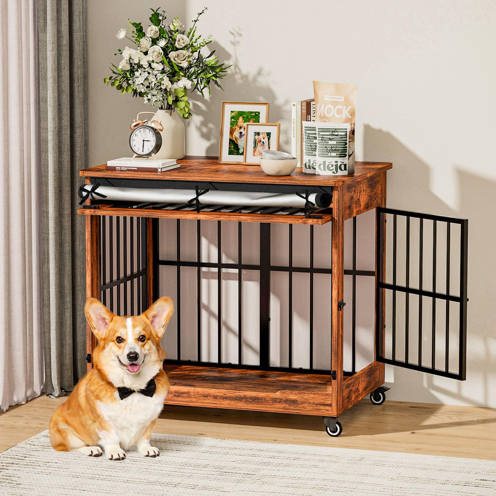 32" Dog Crate Furniture, Double Door Wooden Indoor Dog Kennel Furniture, Decorative Pet Cage End Table with Wheels for Medium and Small Breed Dogs, Size M, Vintage Brown