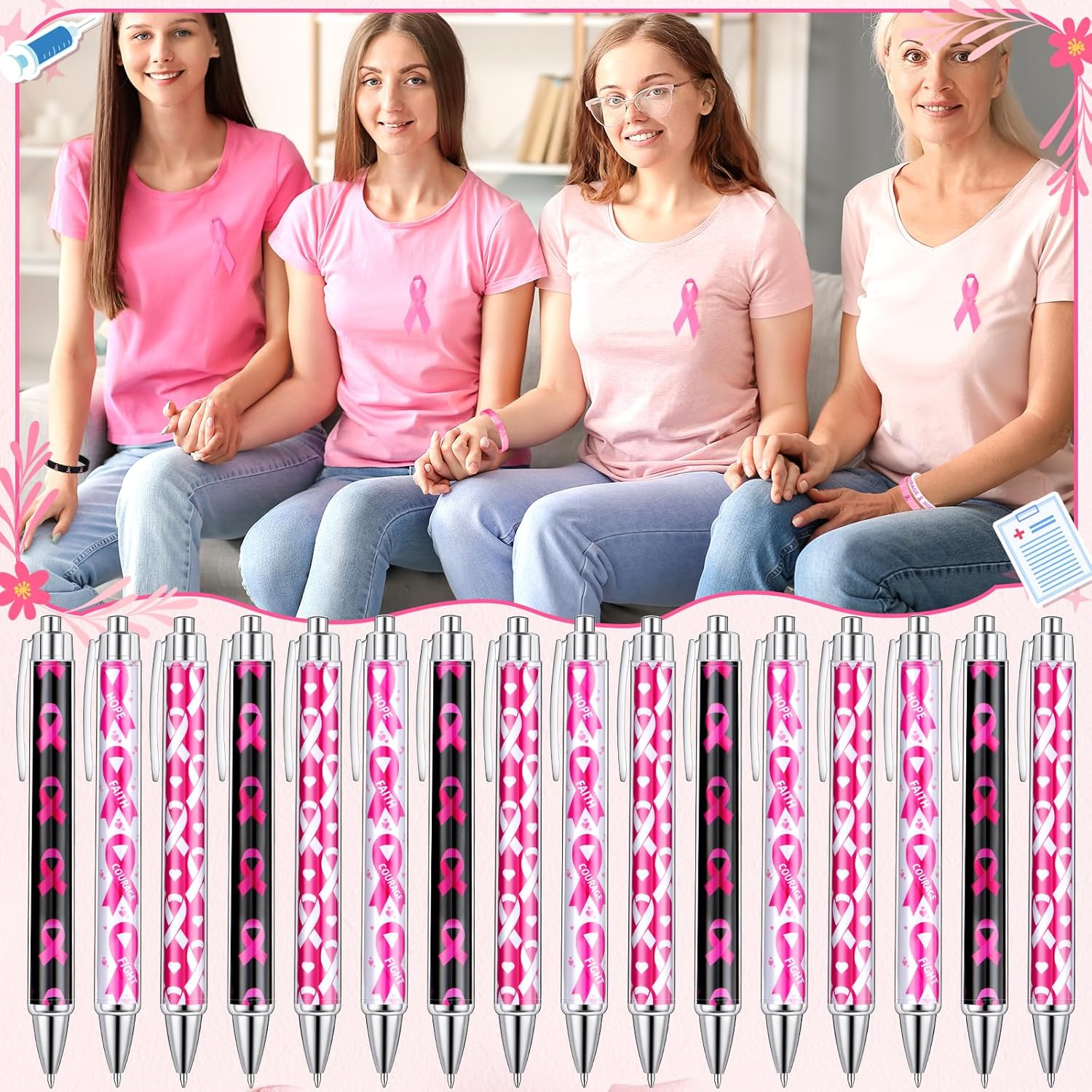 Seajan 180 Pcs Breast Cancer Awareness Accessories - 60 Pink Ribbon Bracelets, 60 Breast Cancer Pins, Black Ink Pink Ribbon Ballpoint Pens for Charity, Public Events