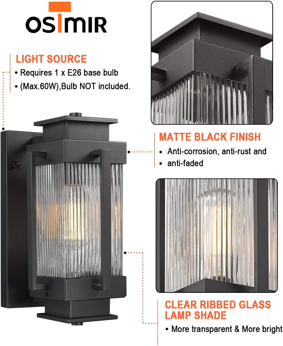 Blасk Frіdау 🔥 Osimir Outdoor Wall Mount Lights 2 Pack, One Light Exterior Wall Sconces Lantern in Black Finish with Clear Ribbed Glass, 14.5 inch Modern Outdoor Lighting Fixtures 2377/1WL-2PK