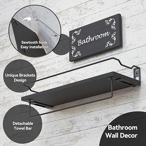 Miniatura 5 de RICHER HOUSE Juego de 5 accesorios de baño, estantes flotantes montados en la pared con toallero y anillo, letrero de baño, soporte para rollo de