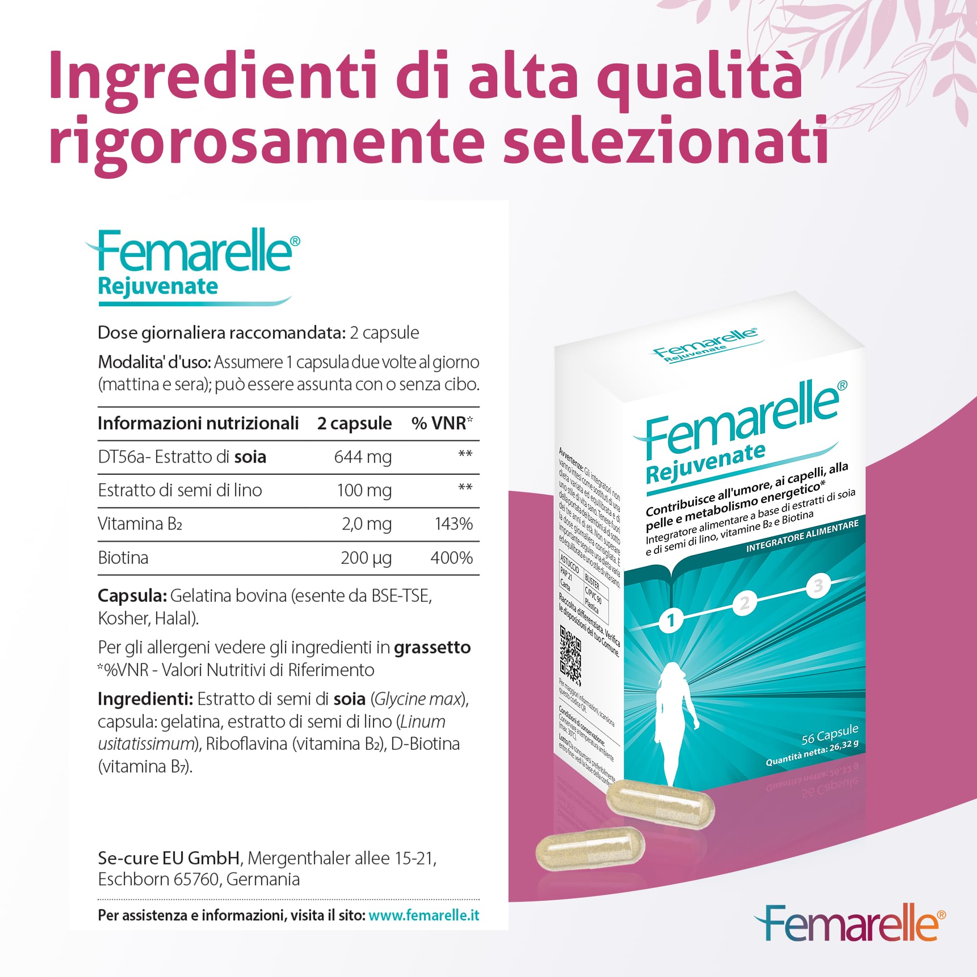 Femarelle Rejuvenate – Capsule senza ormoni per il benessere dell’umore, della pelle, dei capelli e dell’energia con DT56a, Vitamina B2, estratto di semi di lino e Biotina