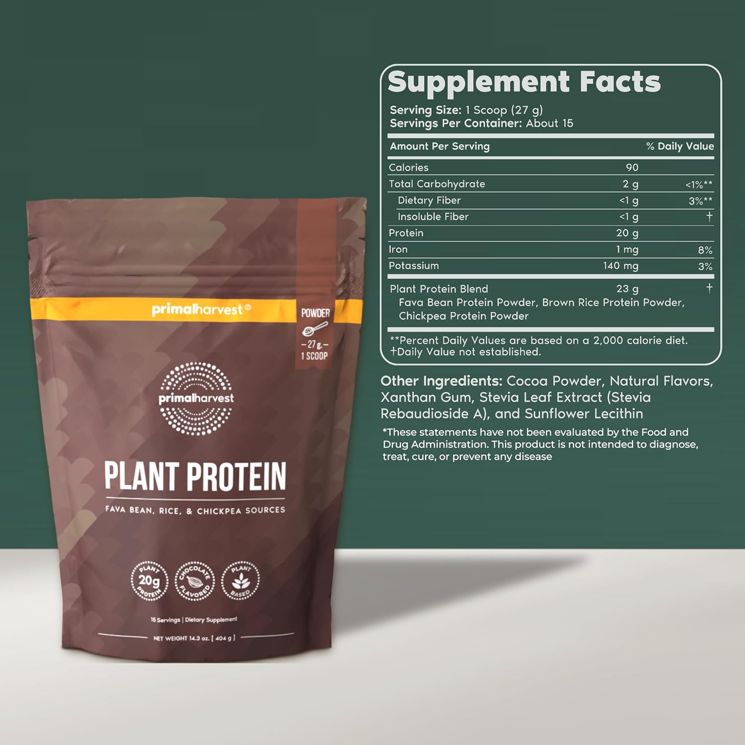 Primal Harvest Vegan Protein Powder for Nutritional Weight Support 20g Plant-Based Protein Per Serving from Fava Beans Chickpeas & Rice Chocolate Flavor 405g Gluten-Free Soy-Free No Added Sugar - Image 2