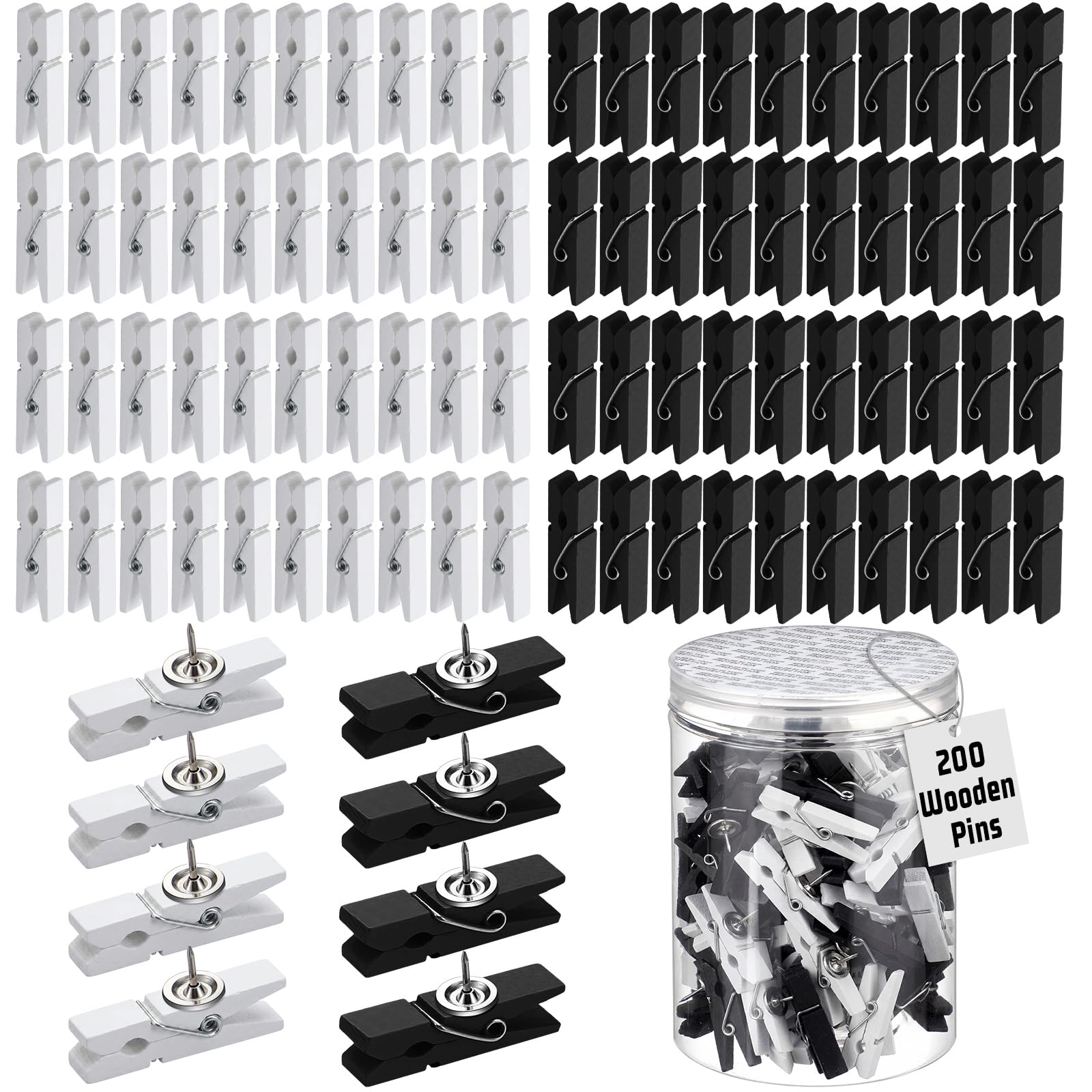 Affrolling 200 Pcs Push Pin with Wooden Clips Tacks Black White Classroom Decor for Cork Board Bulletin Board Colorful Thumb Tacks Wooden Clips for Teachers School Office Home Supplies Accessories