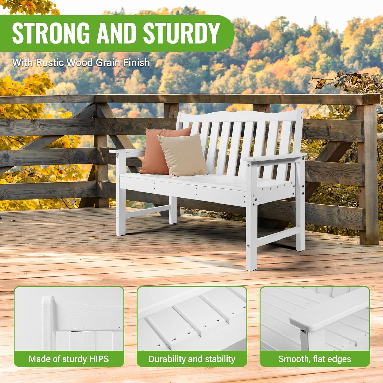 Backyard Expressions Poly Patio Bench (800 Lb Capacity) – Weatherproof Outdoor Bench, Low Maintenance, Heavy-Duty Recycled Material – Ideal for Porch, Patio & Park (White Woodgrain Look)