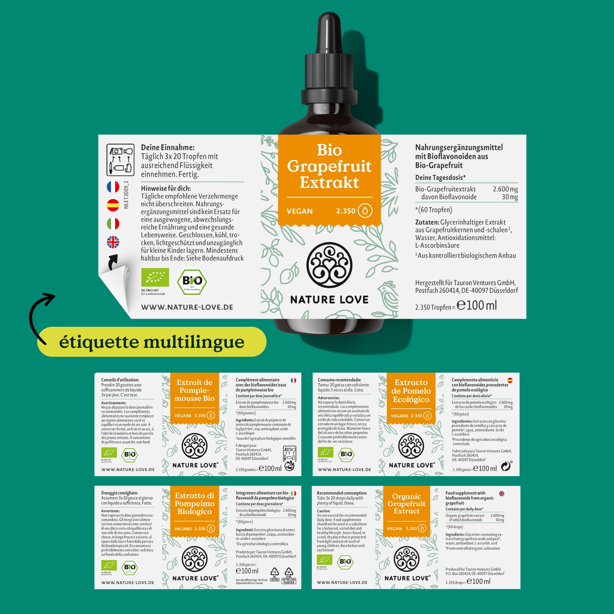 NATURE LOVE® Extrait de Pamplemousse Bio - 1200 mg de bioflavonoïdes / 100 ml - Contrôlé en laboratoire et de qualité bio - Extrait de pamplemousse issu de pépins et de zestes - Hautement dosé, végane