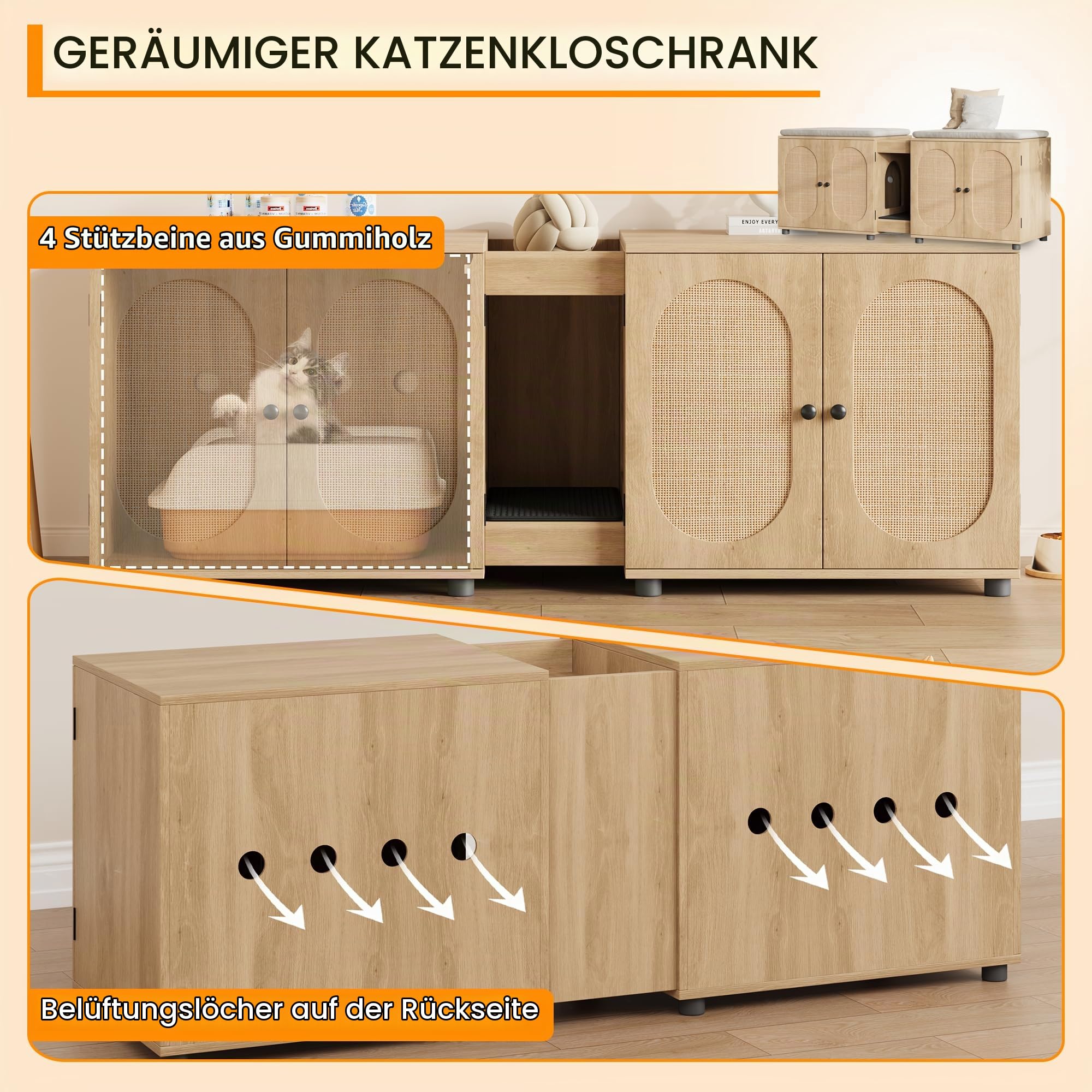 Doppeltes Katzenklo-Schrankmöbel für 2 Katzen, Großes Verstecktes Katzenhaus mit Türen, Inklusive Streuunterlage Hölzernes Haustierhaus Beistelltisch für Wohnzimmer, Schlafzimmer, Flur，Holz
