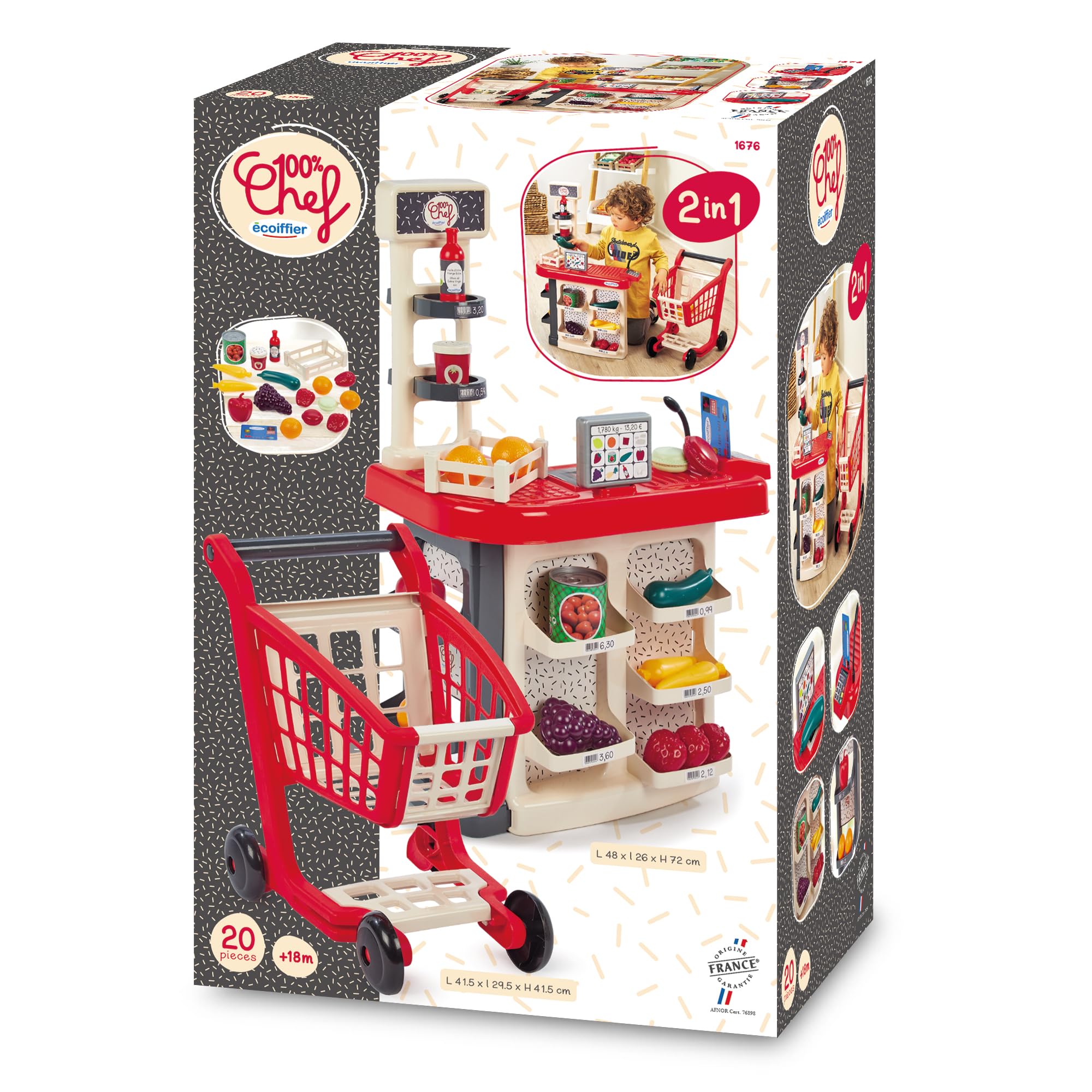 Ecoiffier 100por ciento Chef supermercado con Carrito, mostrador con Productos, TPV, báscula, micrófono y Accesorios, Juego de imitación Desde 18 Meses (7900001676)