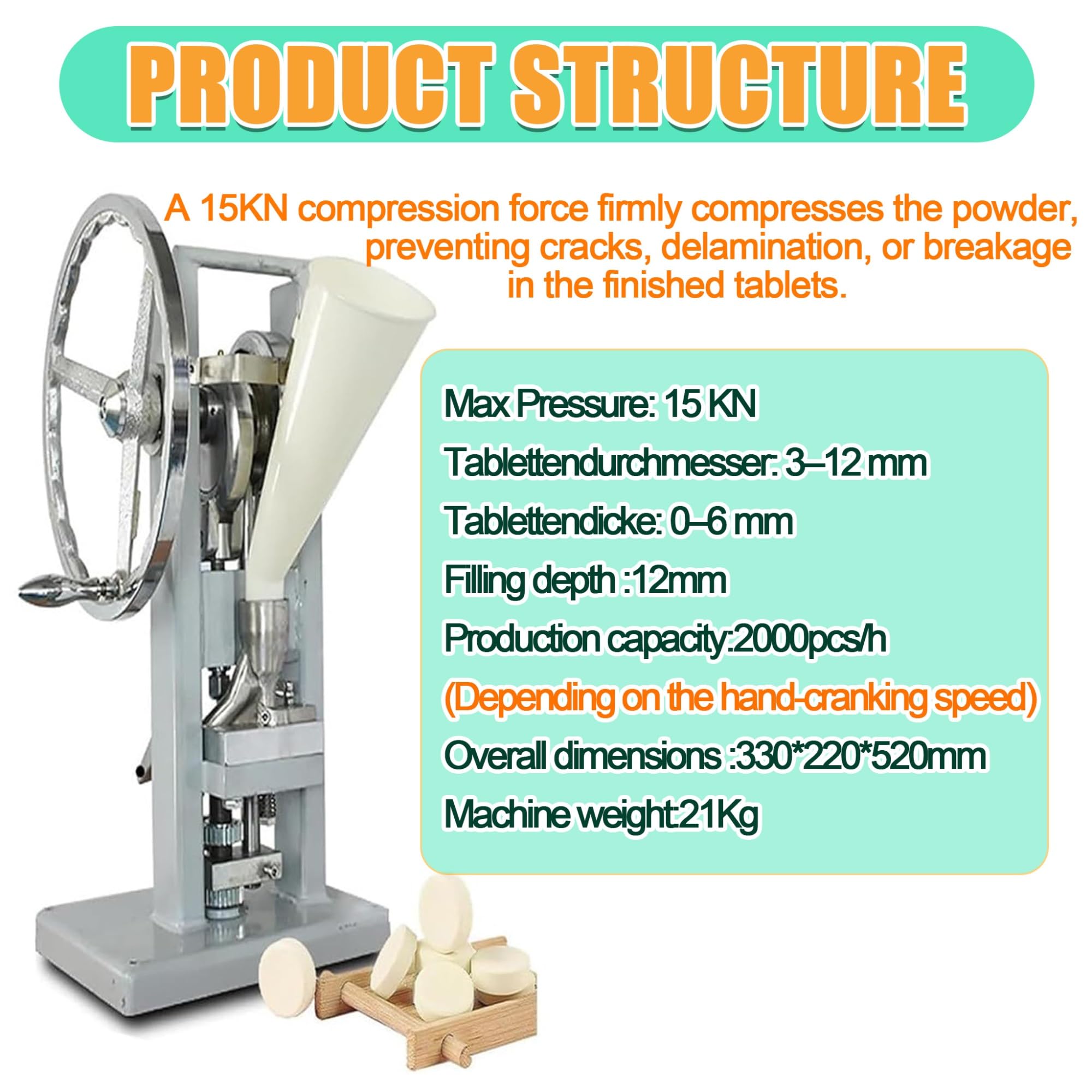 Prensa Industrial De Tabletas, Manual Para Hacer Pastillas 0-2000 Piezas/H | Sin Electricidad, Portátil, Ajustes Sin Herramientas, Para Granjas Remotas, Aire Libre Y Entusiastas DIY