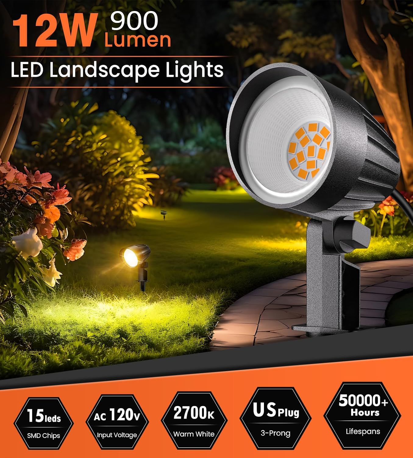 MEIKEE 12W LED Landscape Light illuminating a garden path at night, showcasing its warm white light.