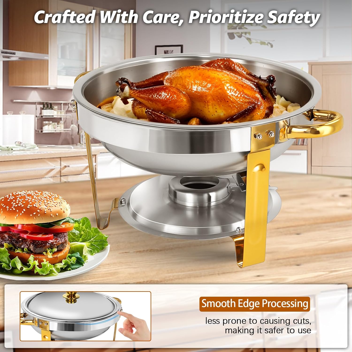 Chafing Dish Full Set, Round 5QT Stainless Steel Catering Chafer, Buffet Food Warmers for Parties Events Weddings, Gold, 4 Pack