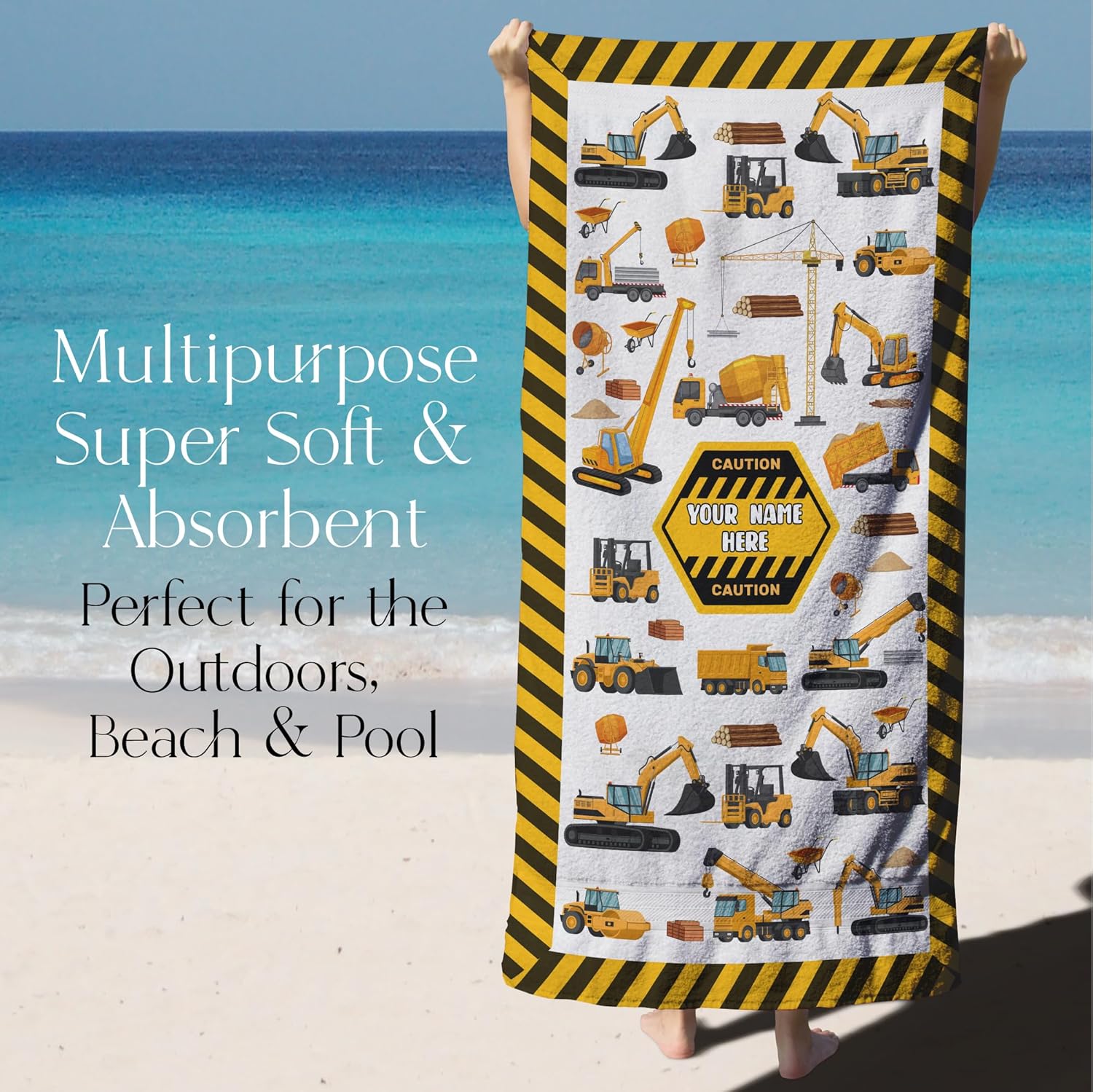 Personalized Road Construction Beach Towel for Boys with Heavy Trucks and Vehicles, Fun Early Learning for Kids, Absorbent Cotton, Quick Dry Microfiber for Pool, Travel or Bath, Colorful, 30” x 60”
