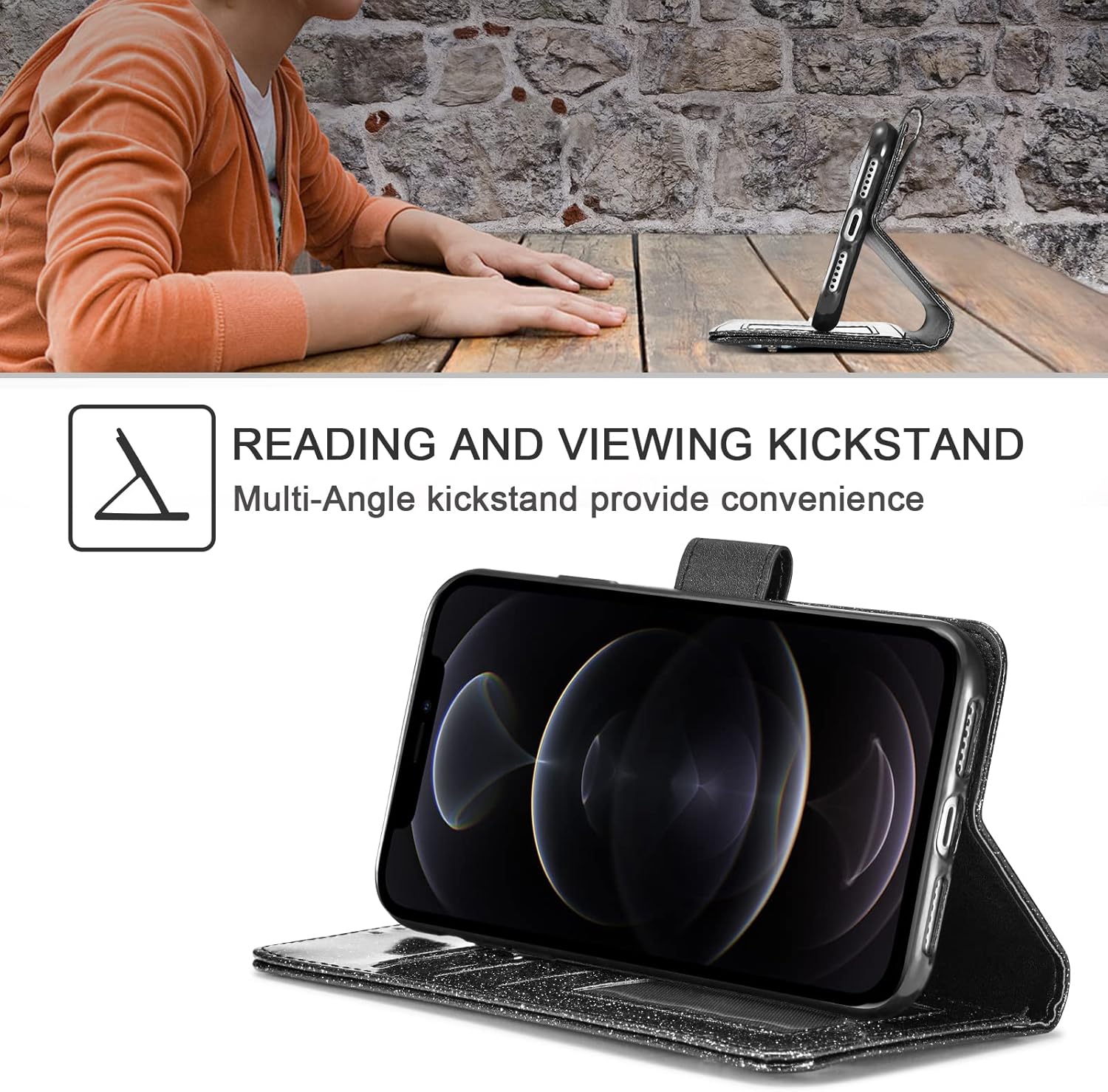 UEEBAI Wallet Case for iPhone 17 Pro Max, Glitter PU Leather Phone Cover Card Slots Kickstand Wallet Magnetic Closure Bling Flip Case Shockproof Hand Strap Flip Cover - Black - Image 3