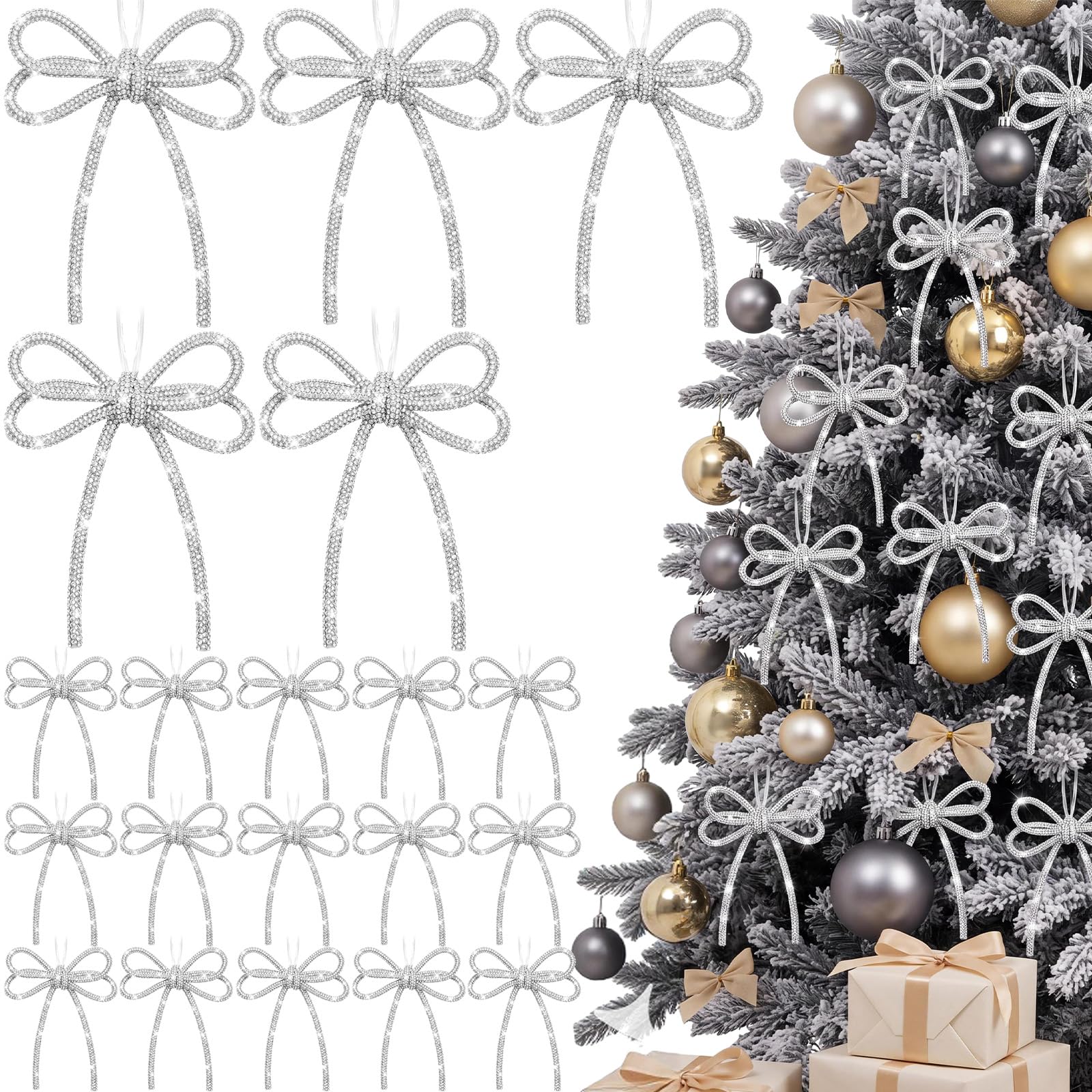 Pinkunn 20 fiocchi natalizi con strass, con design a doppio strato, con strass scintillanti, con cravatta intrecciata, decorazione per albero di Natale, ghirlande, confezioni regalo (bianco)