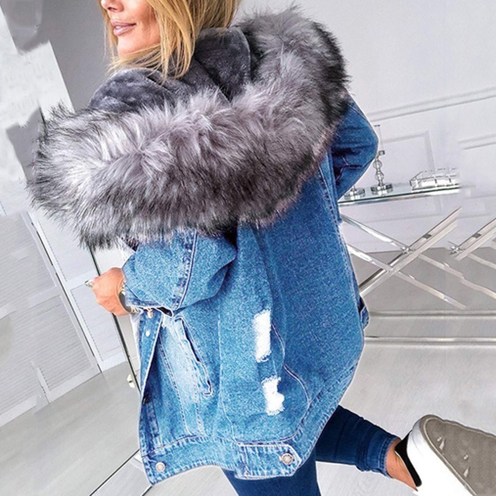 Chaqueta de invierno para mujer con forro cálido, chaqueta vaquera ligera con capucha de pelo, chaqueta deportiva para exteriores, chaqueta con capucha, chaqueta con capucha, parka para mujer,