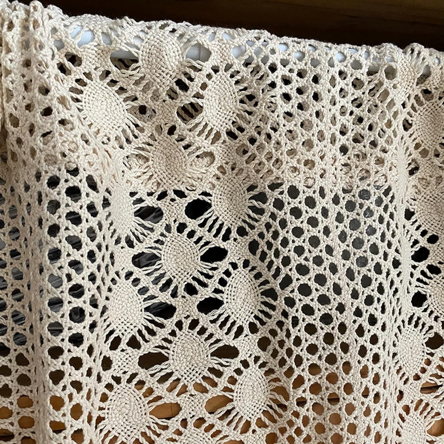 A.Monamour Short Curtain for Small Window Farmhouse Beige Cotton Crochet Embroidered Lace Geometric Window Treatment Valance Panel Drapes Half Curtain for Kitchen Café Cabinet Curtain Tier Curtain