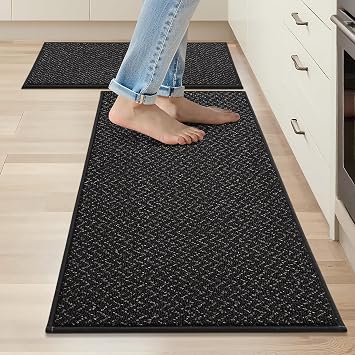 COSY HOMEER Kitchen Rugs Set of 2 Non-Slip Washable Kitchen Floor Mat Black