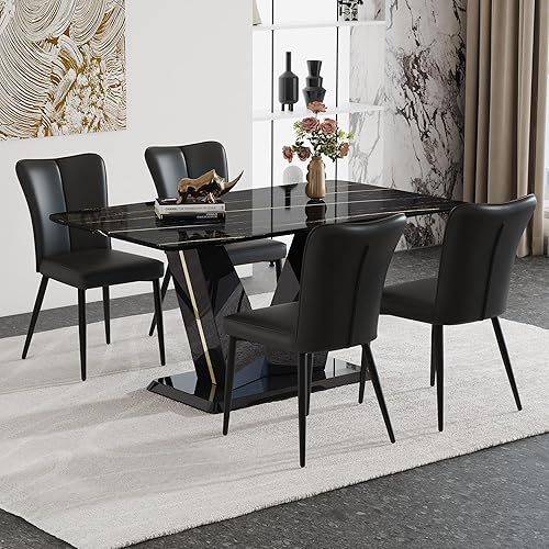 Miniatura 13 de Juego de mesa de comedor de mármol para 6, 7 piezas, juego de mesa de comedor rectangular moderna de 63 pulgadas para 6, juego de comedor de 6 Mesa