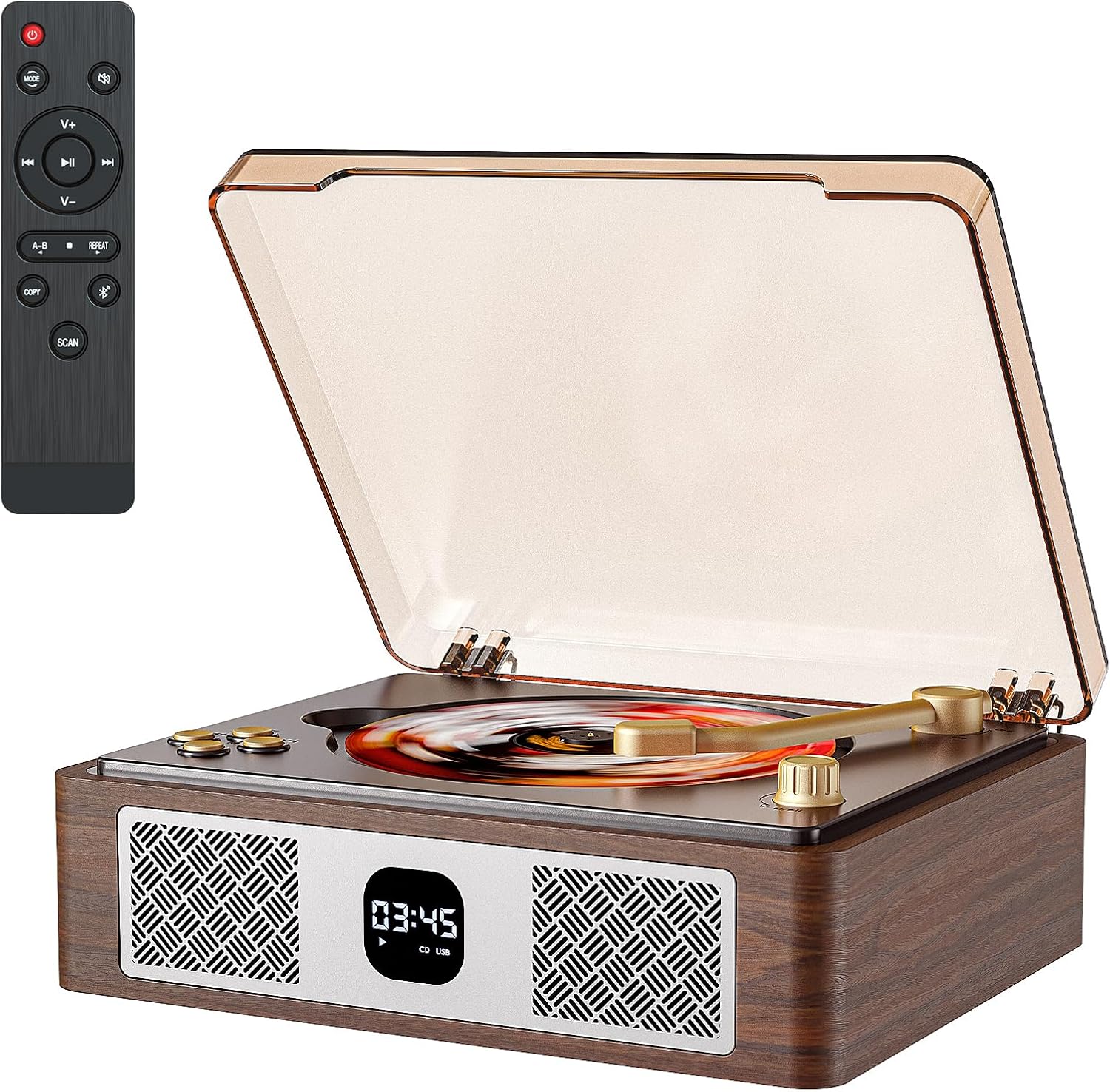 Nostalgic Retro Cd Player Can Rip to USB, CARONSORT Bluetooth CD Player for Home,Built-in Speakers with LCD Screen,Supports Coaxial/3.5mm/FM Radio with Remote Control-Wired Walnut Brown