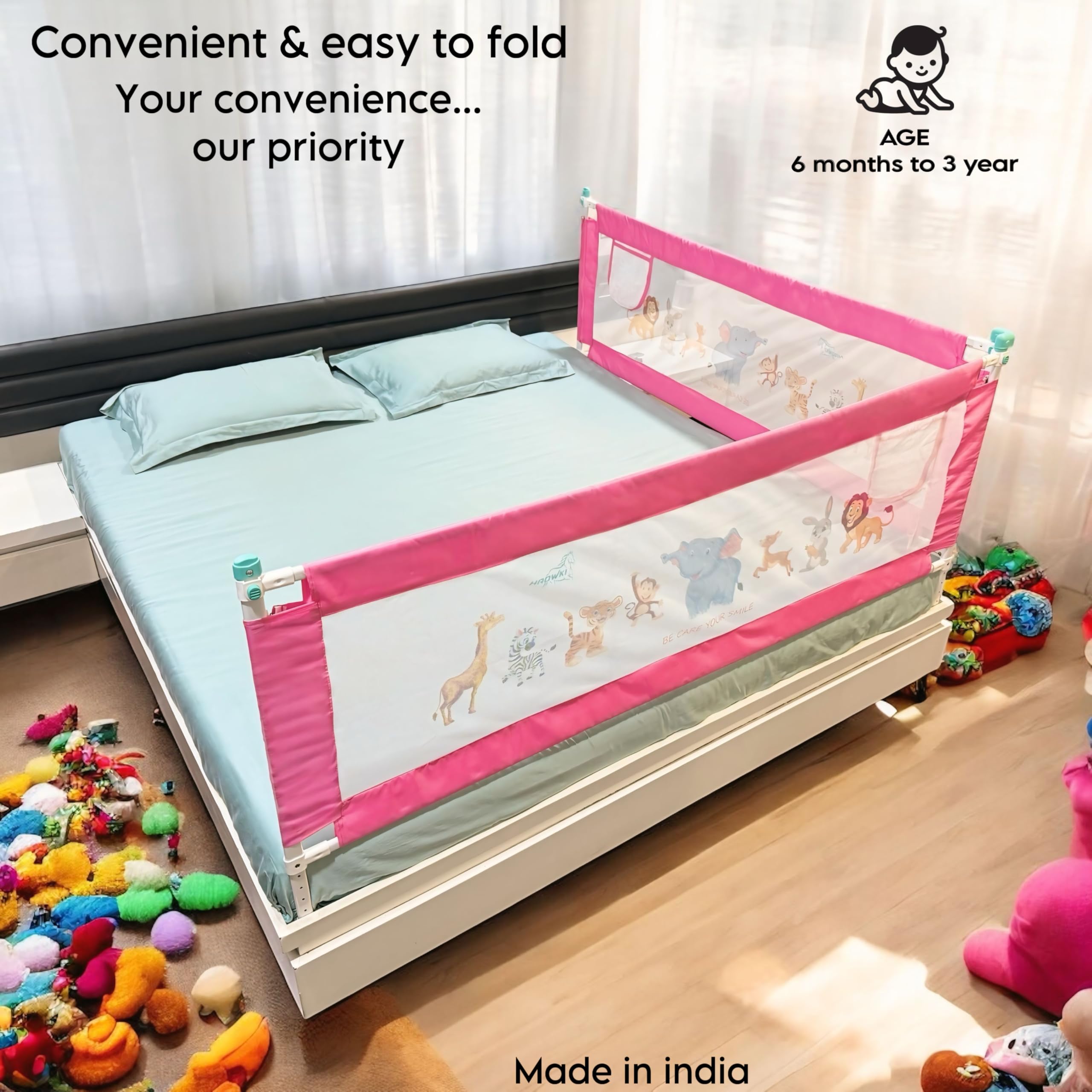 HAOWKI Baby Bed Rail Guard for Kids | Foldable Safety (6ft x 2ft) Bed Fence with Animal Print | Tear-Free Mesh | Suitable for All Bed Sizes (3, Pink) - Image 5 thumbnail