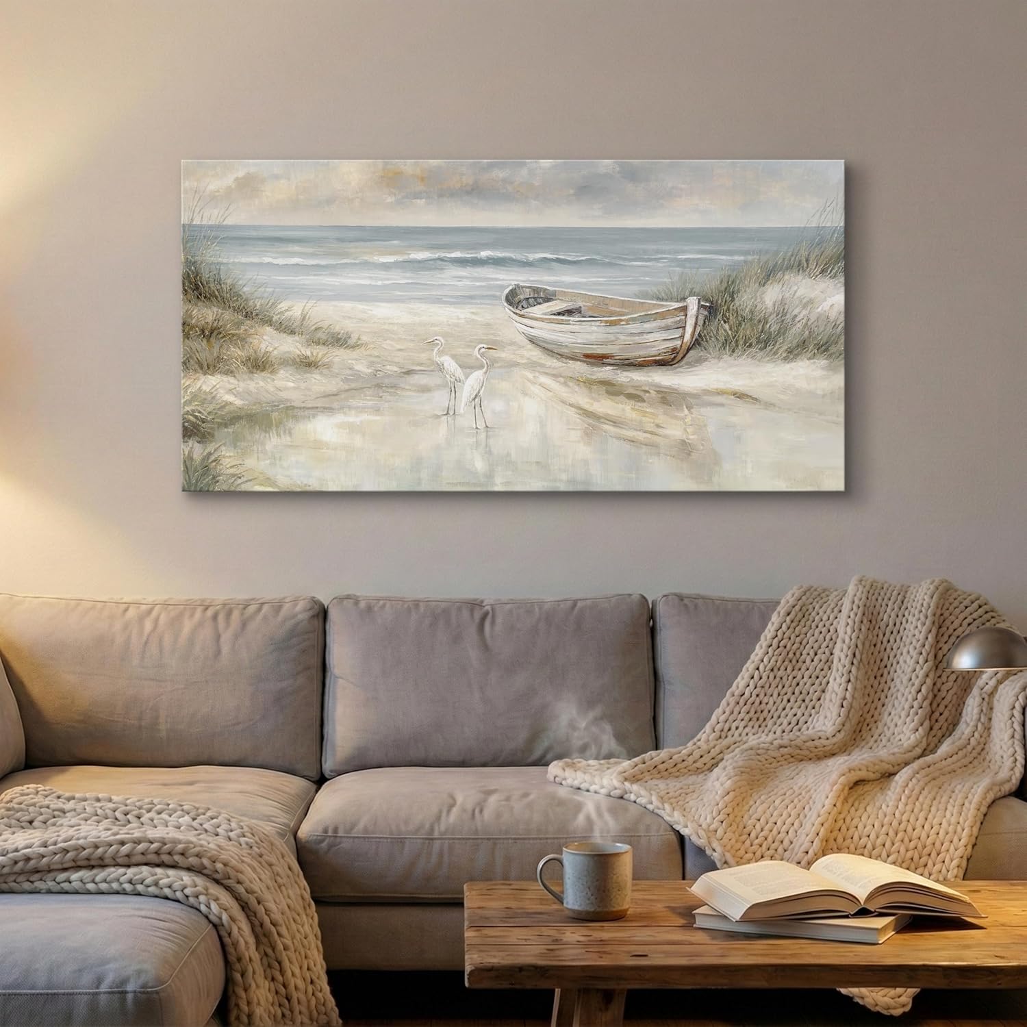 SENROLAN Coastal Canvas Wall Art 48x24, Neutral Blue Gray Beach Seascape Print with Boat, Large Horizontal Ocean Wall Decor for Living Room Bedroom, Gallery Wrapped, Ready to Hang