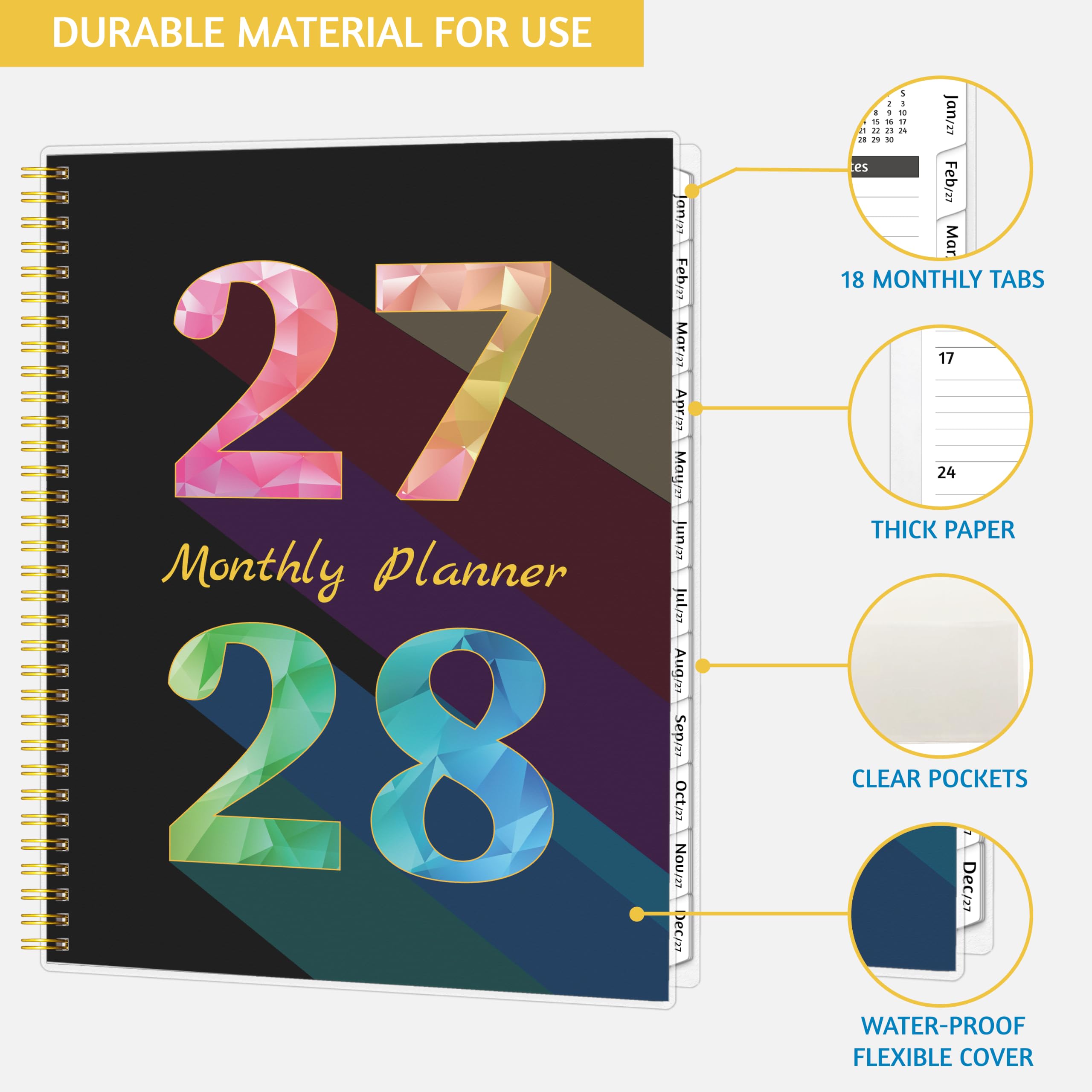 Monatsplaner 2027–2028, 18 Monate, Kalender 2027–2028 von Januar 2027–Juni 2028, 21,6 x 27,9 cm, mit linierter Aufbreitung, flexiblem Einband, Spiralbindung, Tasche, beschichtete Tabs, Notizen und
