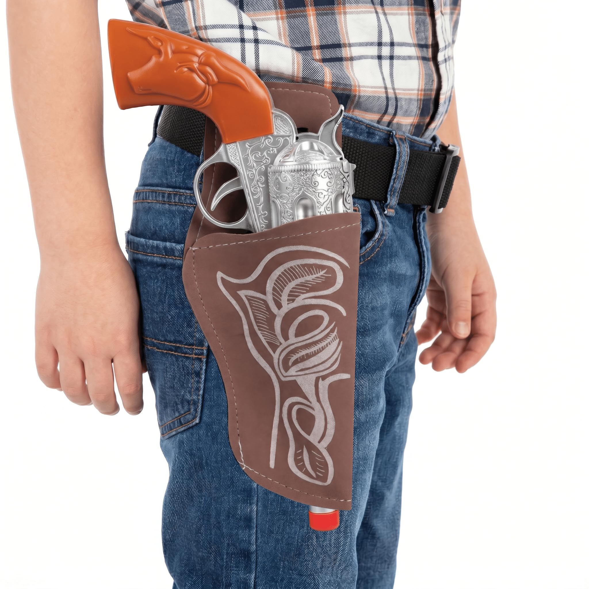 Henbrandt Silver Cowboy Pistol Gun 27cm with Brown Holster and Black Belt Set - Wild West Sheriff Fancy Dress Costume Accessory for Children Adults Roleplay