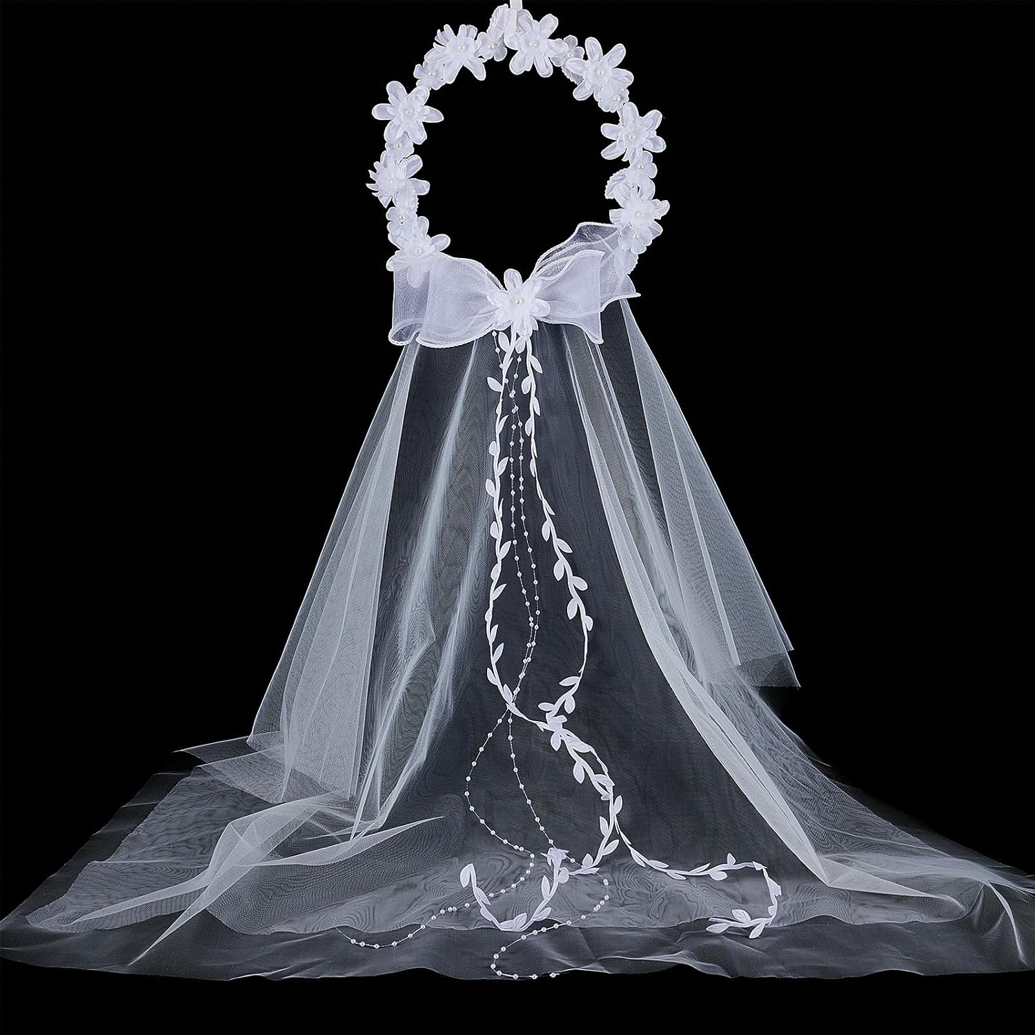 NICENEEDED Wedding Bridal Veil Floral Garland, Bridal Hairbands Veil Flower Crown Boho Flower Crown, Soft Wreath Wand Wedding Headpiece Adjustable Hair Accessories for Women image 5