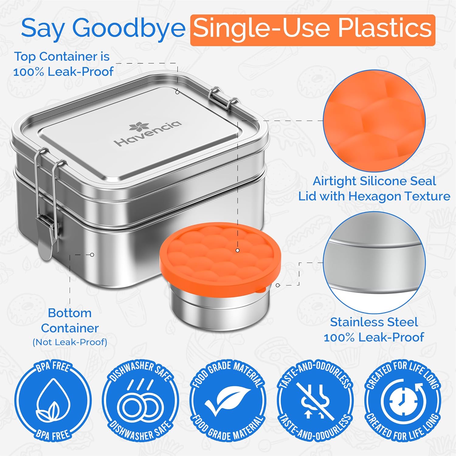 Stackable Stainless Steel Bento Box with Snack Container, 47oz/1400ml - Stainless Steel Lunch Box, Metal Bento Box for Kids & Adults, Eco-Friendly with Compartments for School, Work & Travel - Image 4