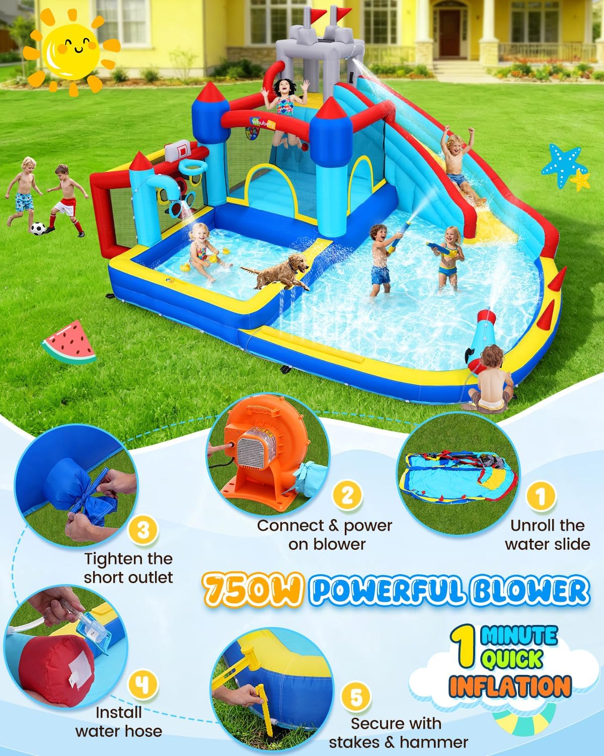 13-in-1 Water Slide Bounce House for Kids Backyard, 15x14.3x8.5FT Sport Waterpark with Deep Pool/Shower Head/Ball Holes/Soccer Goal/Basketball Hoop/Dartboard/Ring Toss/Water Cannon/Pool For Summer Fun