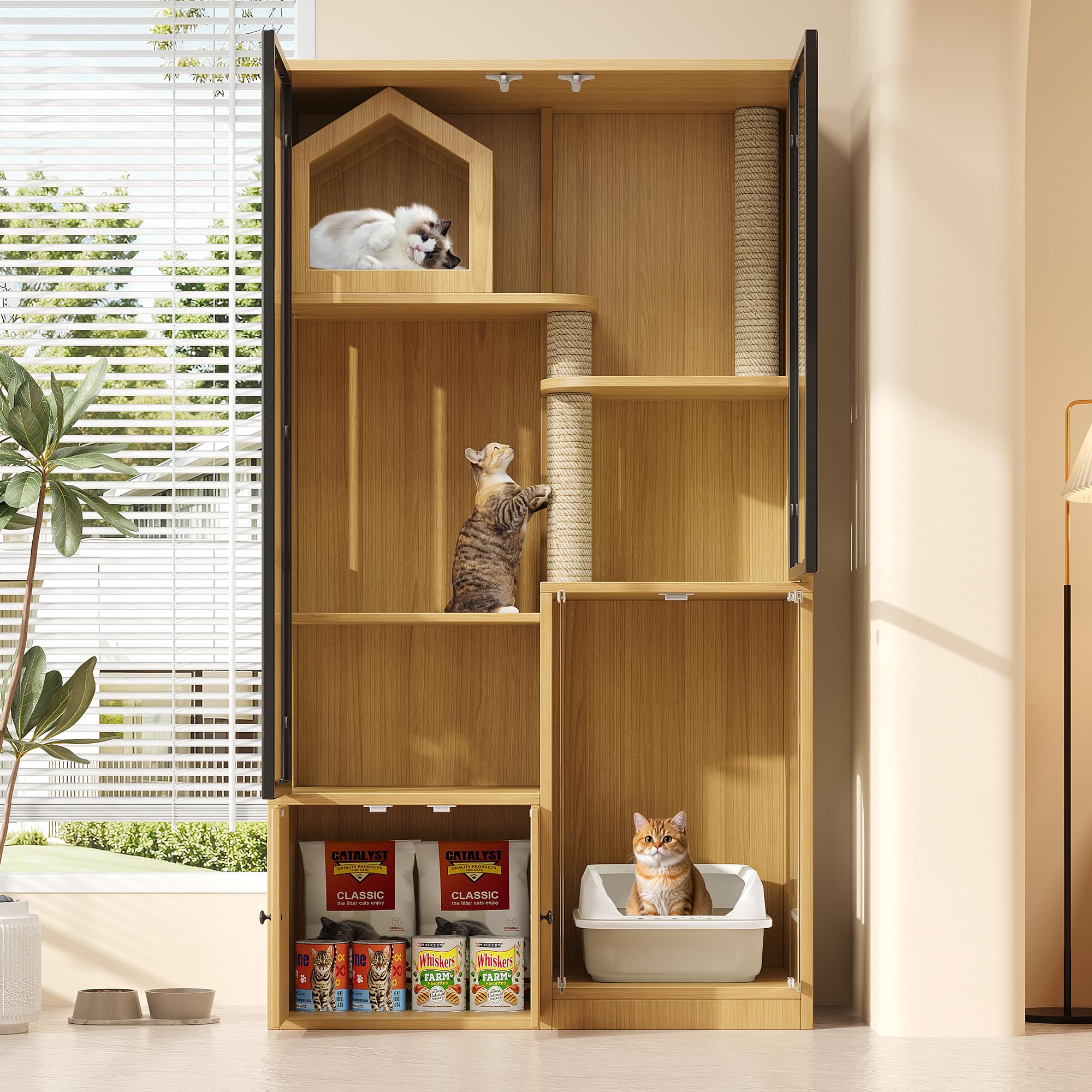 Grande casa per gatti in vetro a 4 piani - Villa per gatti in legno con tiragraffi, resistente alle intemperie e all'inverno - Per interni ed esterni - Colore legno di acero giallo - 90