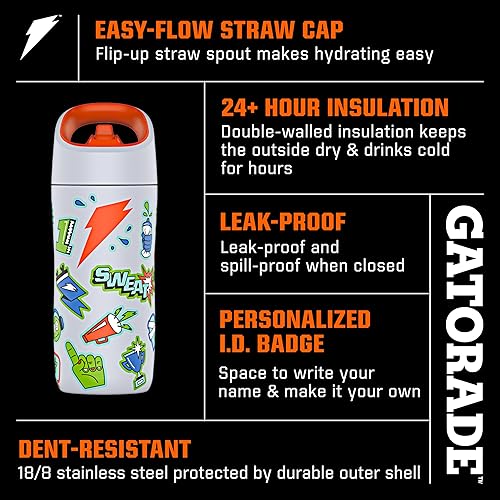 Miniatura 2 de Gatorade Botella de agua de metal Rookie para niños, 12 onzas, botella de acero inoxidable, aislamiento de doble pared, aislamiento al vacío, taza