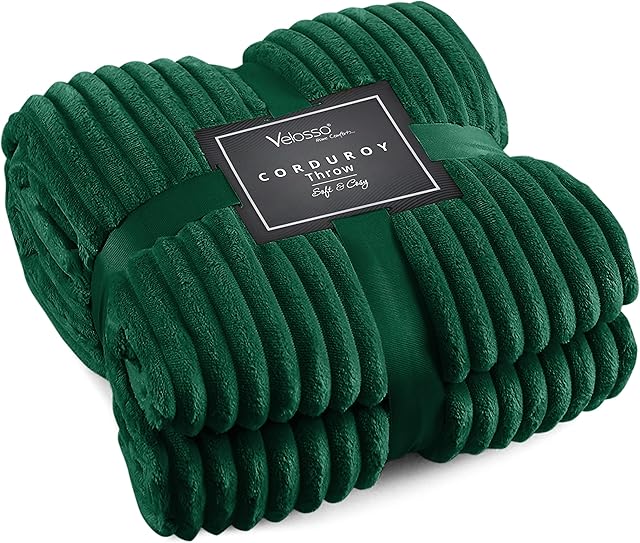 Chunky Ribbed Cord Faux Fur Velvet Touch Sofa Bed Throwover Soft touch Blanket (Emerald, 150x200cms)