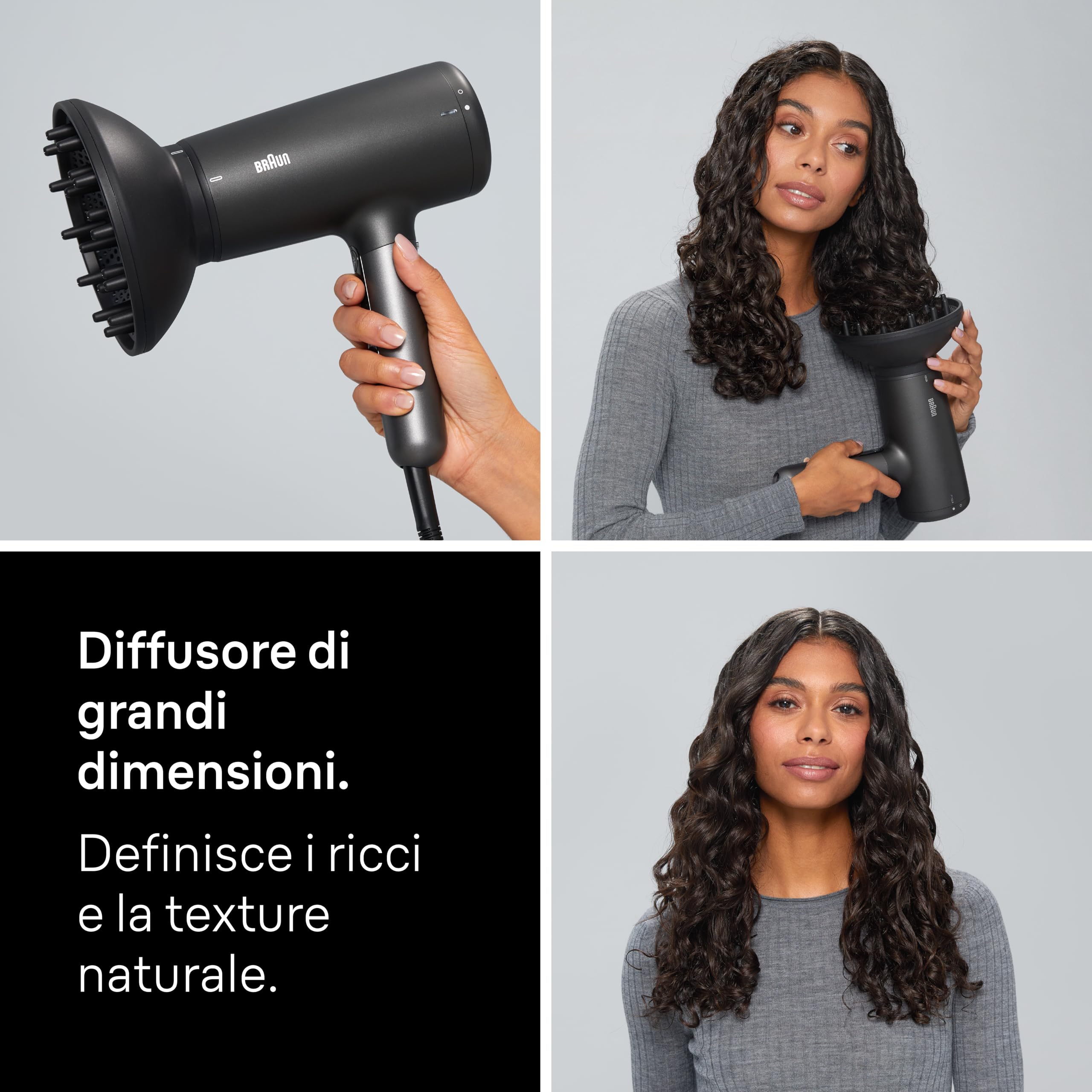 Asciugacapelli Braun HD4.2, alte prestazioni, diffusore e concentratore, Super IONTEC, motore HTDC 2100W, 3 temperature e 3 velocità, Satin Black metallizzato, protezione, risultati ottimali, BRHD425E