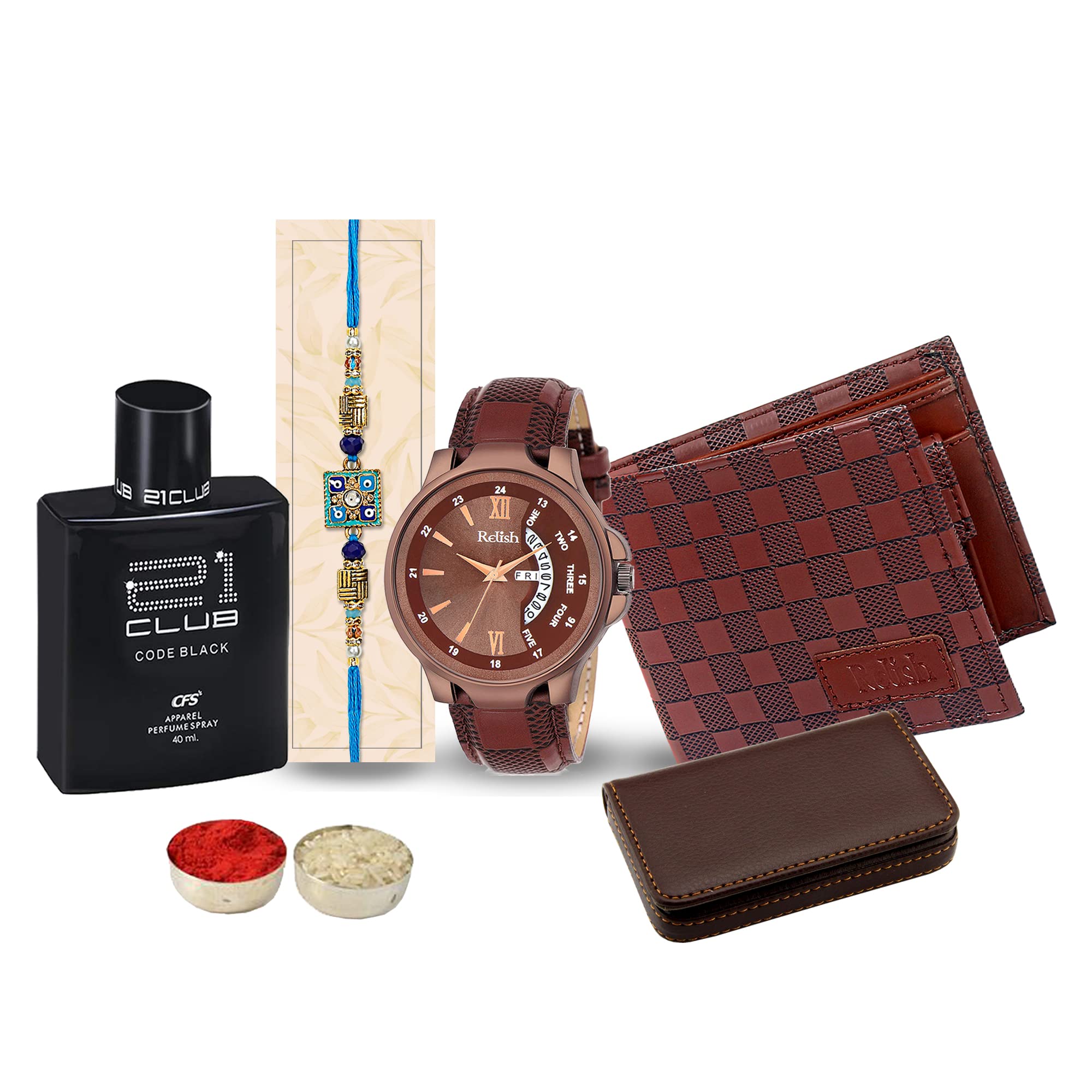 Relish Gift Pack | Analog Brown Date & Day Watch, Wallet, Long Lasting CFS 21 Club Perfume, Cardholder| Fancy Rakhi| Roli, Chawal, Wishing Card | Gifting Combo for Brother (B0C5N2JM7P) Amazon Price History, Amazon Price Tracker