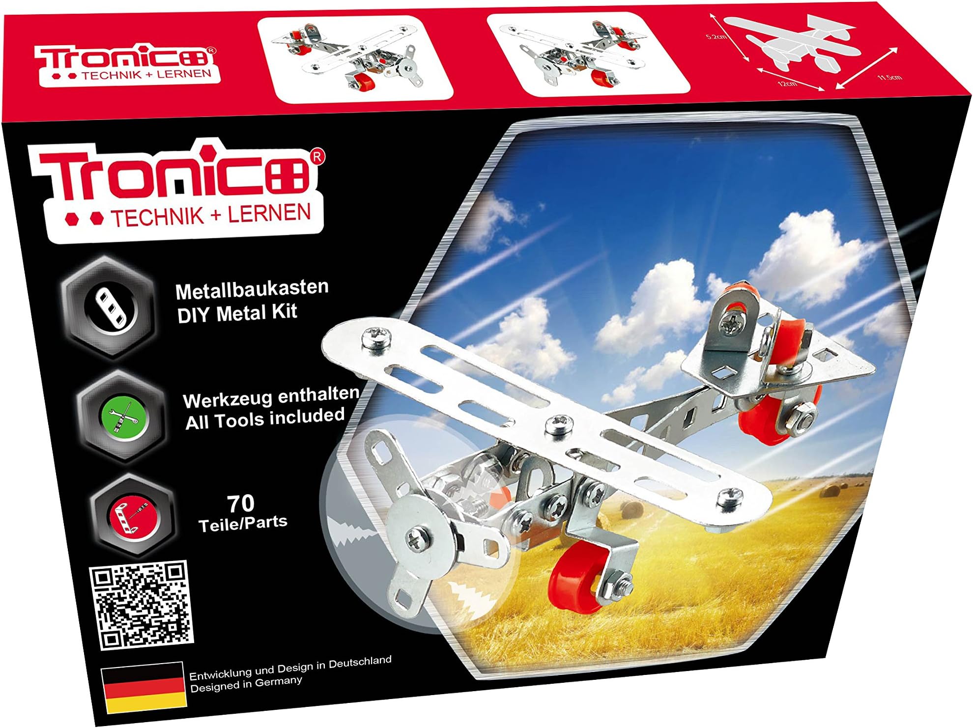 Metal Construction Model Kit, AIRPLANE, 70 parts, Tronico© Germany, including tools, metal mechanical construction, kids metal kits, metal mechanics kits