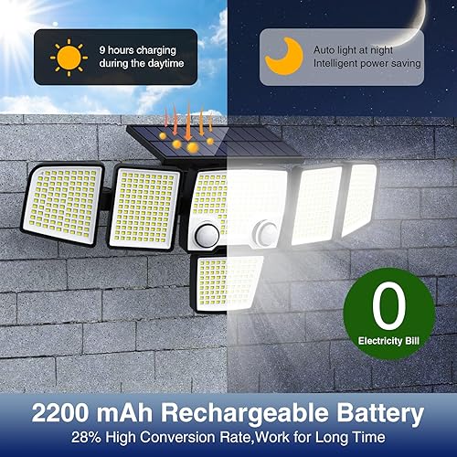 Miniatura 2 de Luces solares con sensor de movimiento para exteriores, 657 cuentas de 4000 lúmenes, 3 modos de iluminación, 3 niveles de brillo, 6 cabezales de