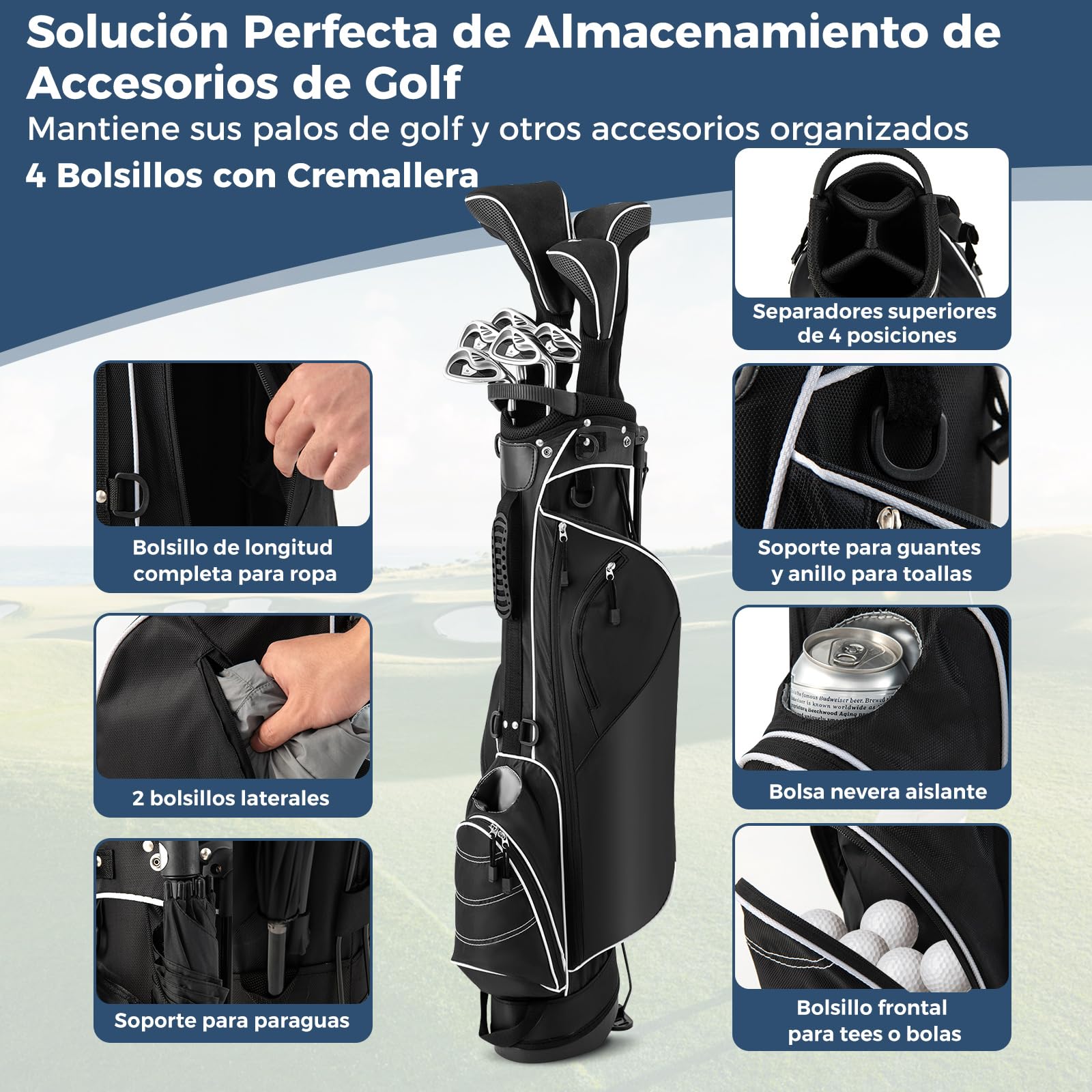 COSTWAY Bolsa de Golf con Soporte, 4 Divisores Superiores, 4 Bolsillos con Cremallera, Correa Doble para el Hombro, Bolsa de Golf Portátil, Unisex Adulto