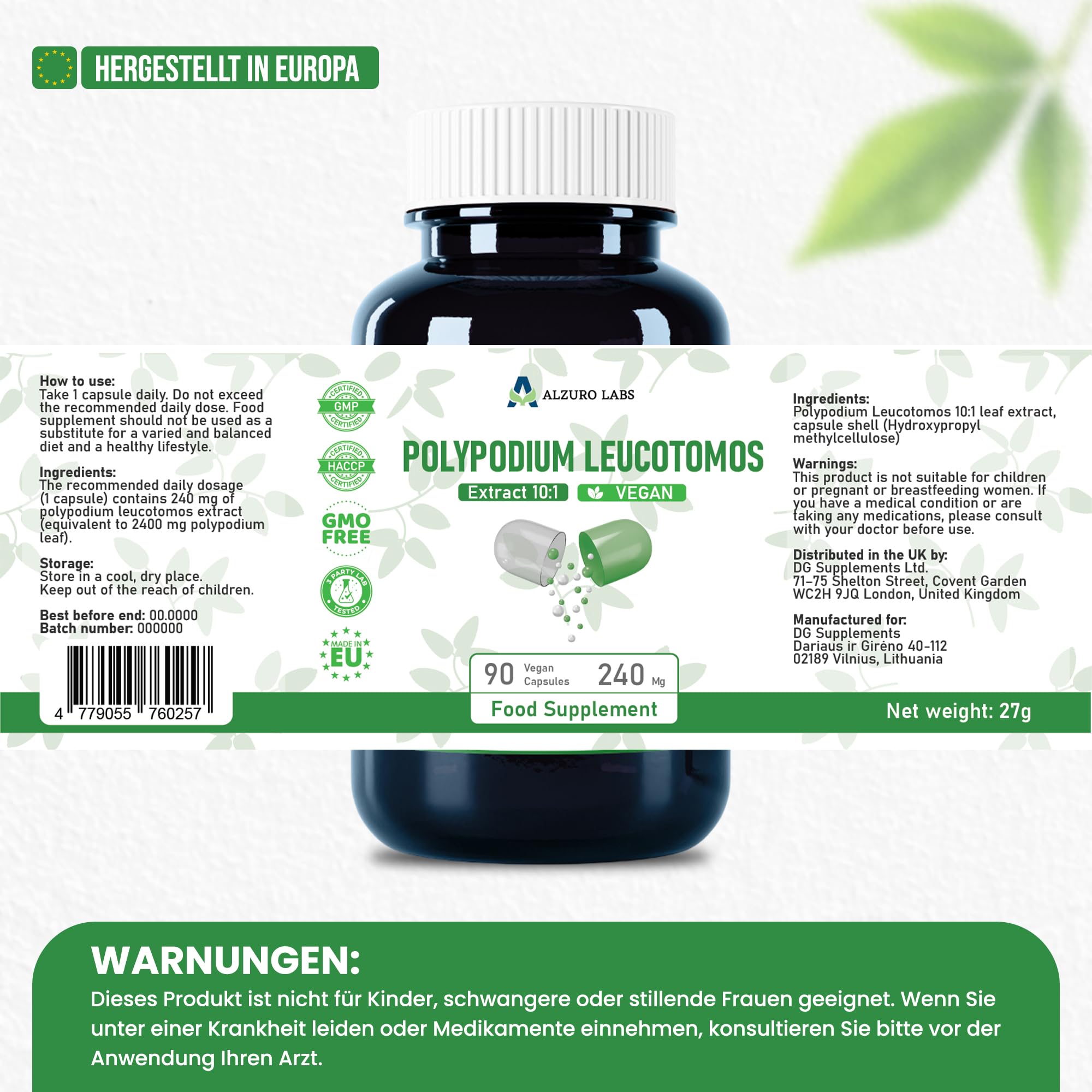 Polypodium leucotomos | 2.400 mg Äquivalent | Hochdosiert 240 mg 10:1 Farn-Extrakt | 90 vegane Kapseln | GMP & Laborgeprüft