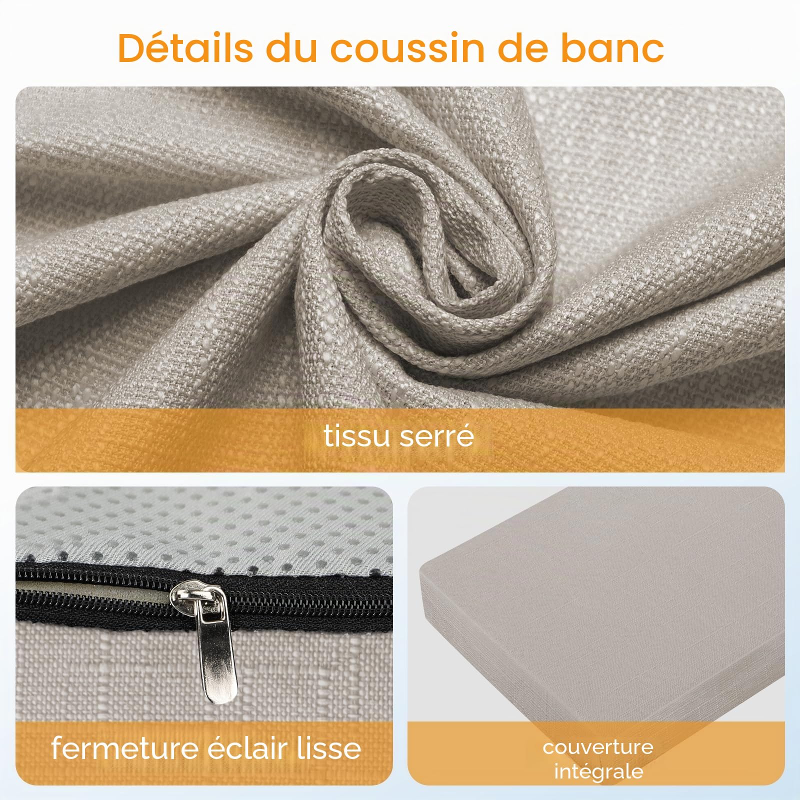 Coussin de banc en lin 100x40x5 cm, coussins d'assise d'intérieur renforcés et respirants, coussin de banc haute densité avec dessous antidérapant, coussin d'intérieur pour baie vitrée(chamel)