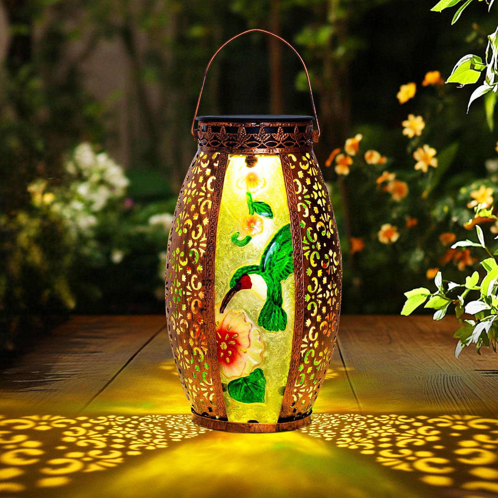 Larekook Hummingbird Solar Lantern Outdoor Waterproof,13" Large Hanging Lantern Decorative,Metal Hummingbird Solar Lights for Yard Table Porch Patio
