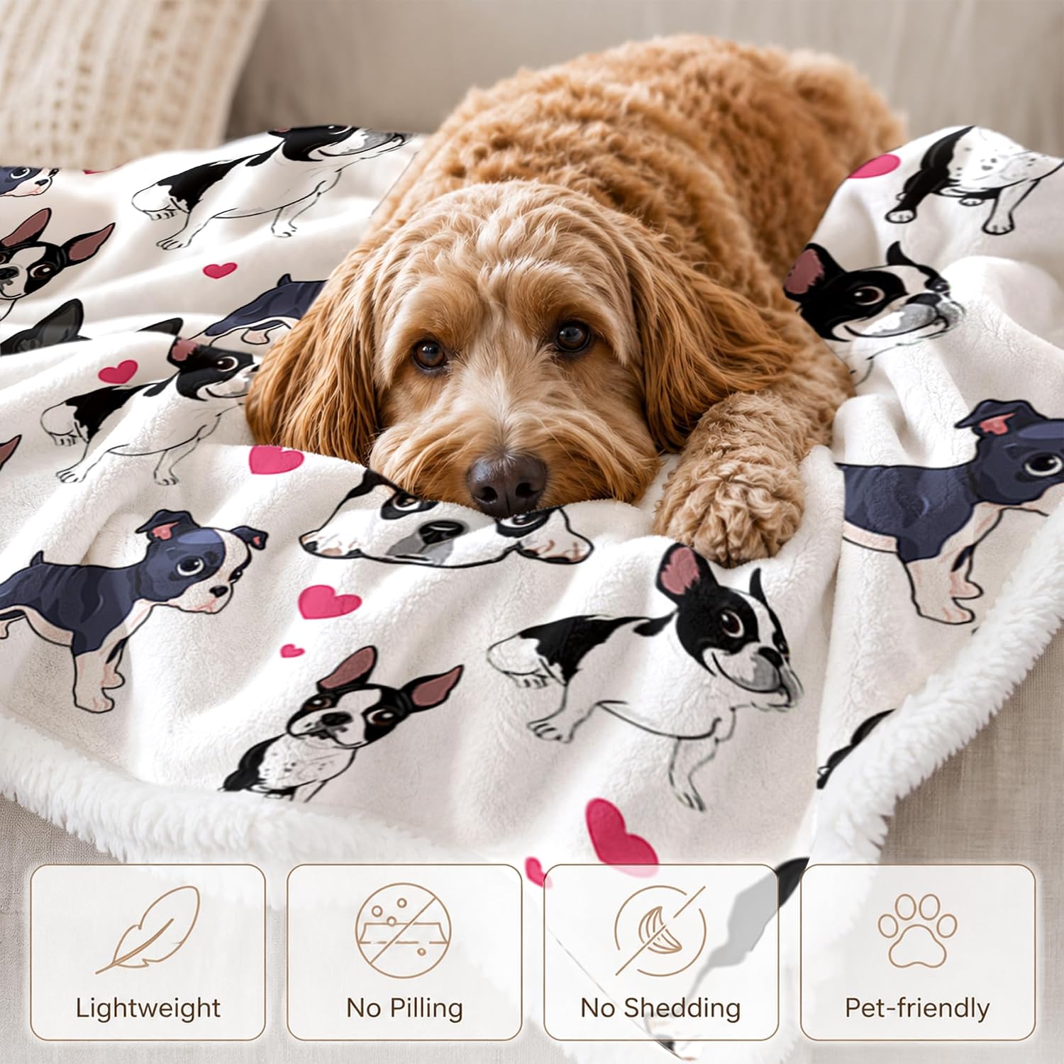 BlessLiving Boston Terrier White Throw Blanket with Dense Dog Patterns Sherpa Fleece Blanket Couch Bed, Soft Cozy Warm Frenchie Pet Blankets for Puppy Lovers Cute Animal Print Gift 50x60 Inches