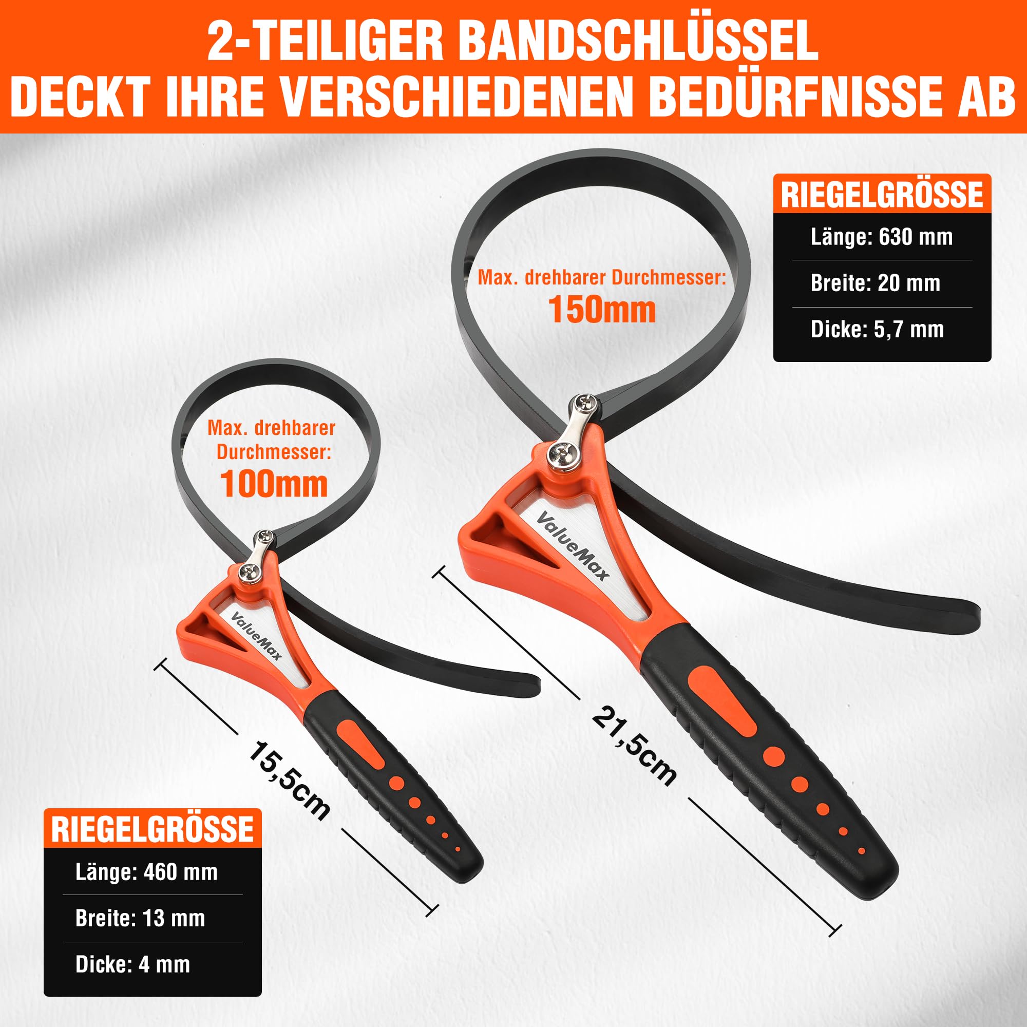 ValueMax 2-tlg. Bandschlüssel Set Gummi Rohrzange 460mm&630mm verstellbares Ölfilter Bandschlüssel Set, Universal Ölfilterschlüssel für Flasche, Spülbecken, Ölfilter, Duschköpfe, Glasöffner