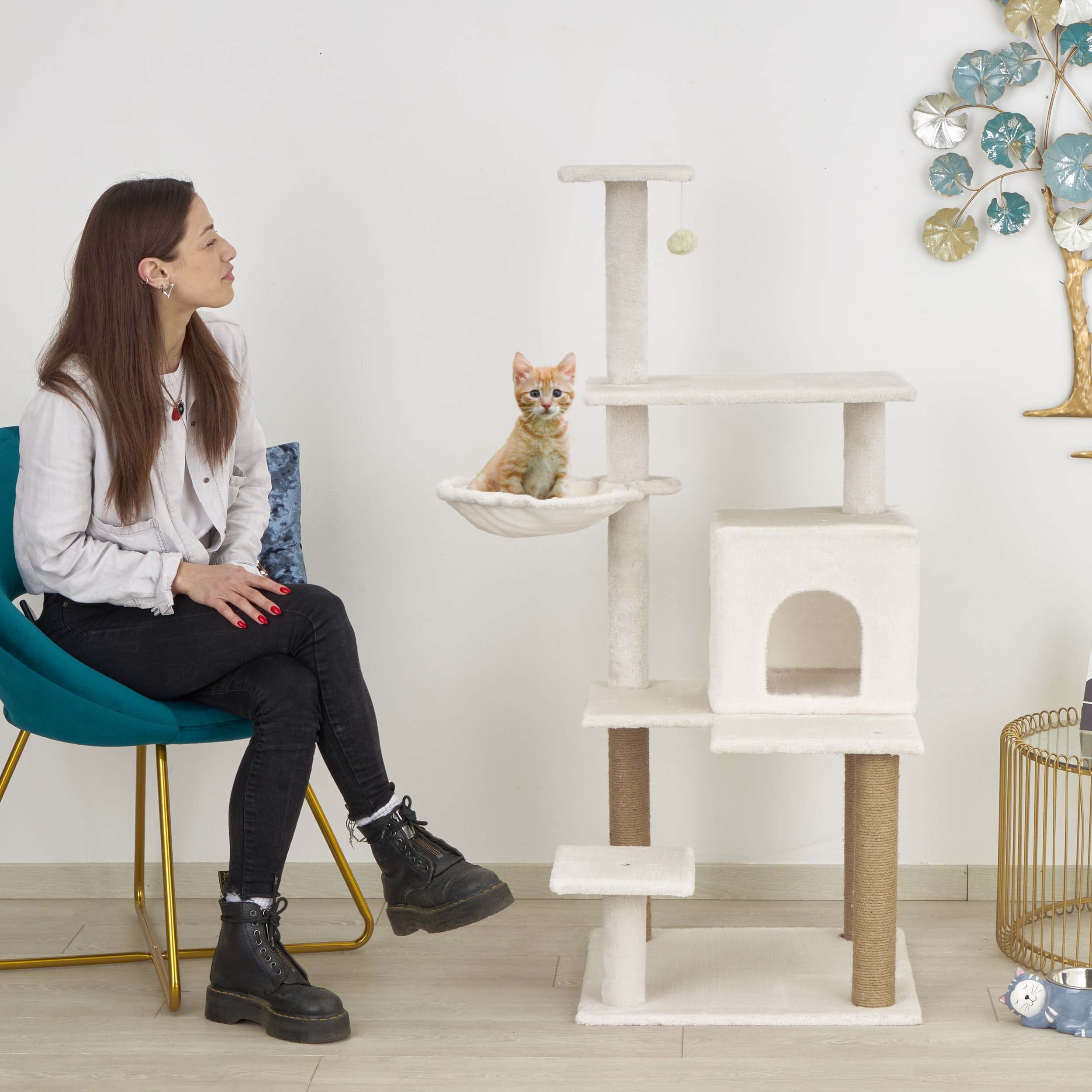 Baroni Home Árbol Rascador para Gatos, Árbol Rascador para Gatos y Gatitos, Árbol Rascador de 4 Pisos con Pelota, Hamaca y Perrera Rectangular, 75x55x125 cm, Crema