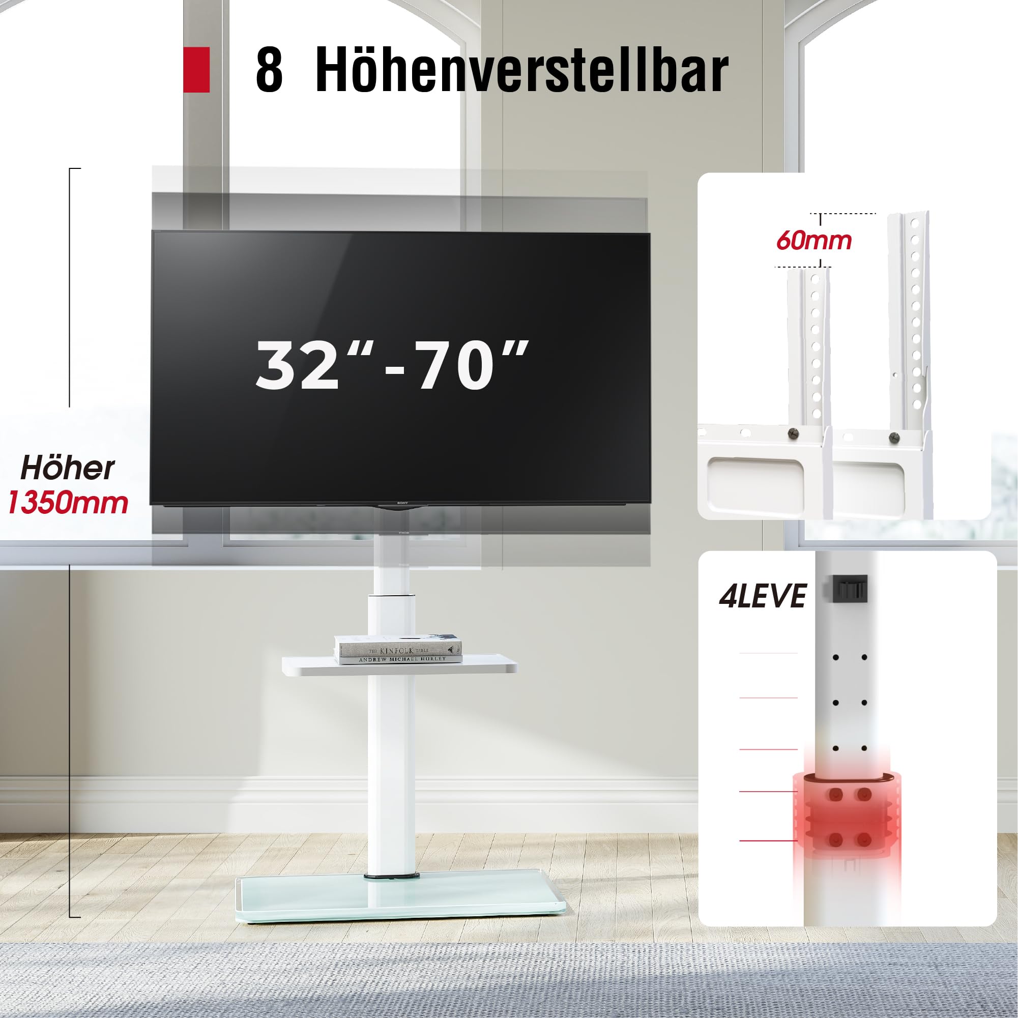 AOKCOS TV Ständer TV Bodenständer für 32-70 Zoll Fernseher bis zu 40 KG, TV Standfuß mit 2 Stufigen Ablagen, Fernsehstand Höhenverstellbar Schwenkbar Neigbar, Max. VESA 400x400mm (Weiß)