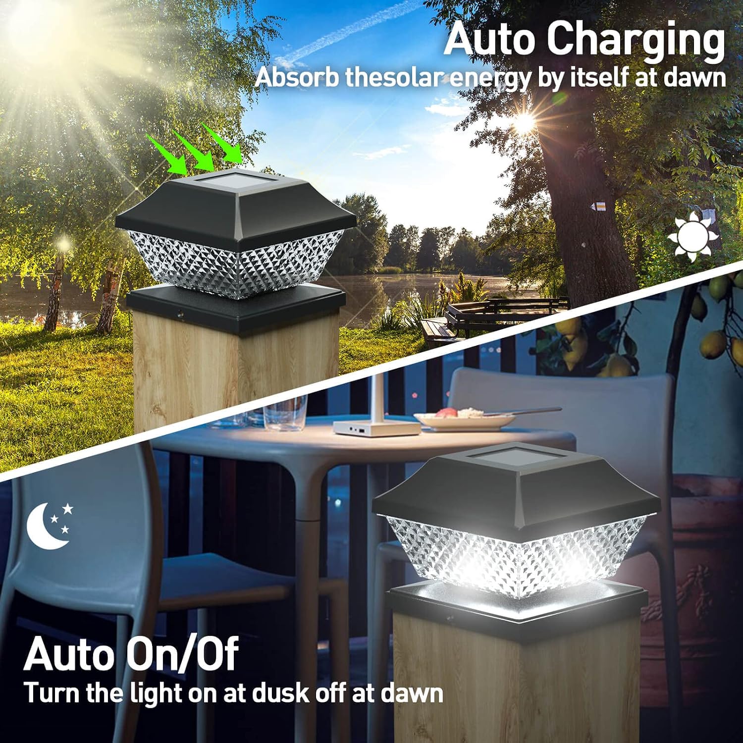 voona Solar Post Cap Lights Outdoor - Fence Post Lights Solar Powered White LED Post Lighting for 4x4 5x5 Wooden Posts Deck Fence or Patio (Black)