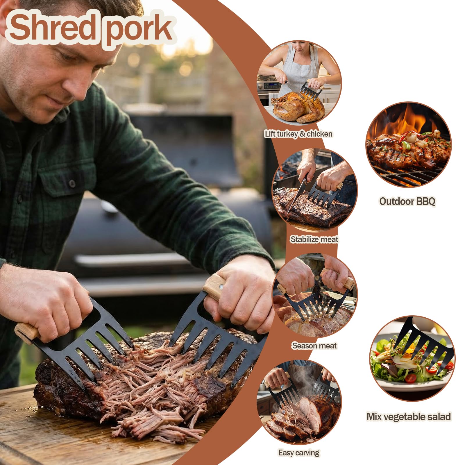 2 Pieces Meat Shredder Bear Claws with Wooden Handles – Chicken Shredder Tool for Pulled Pork, BBQ Meat Shredding, Barbecue Accessories, BBQ Gadgets - 2