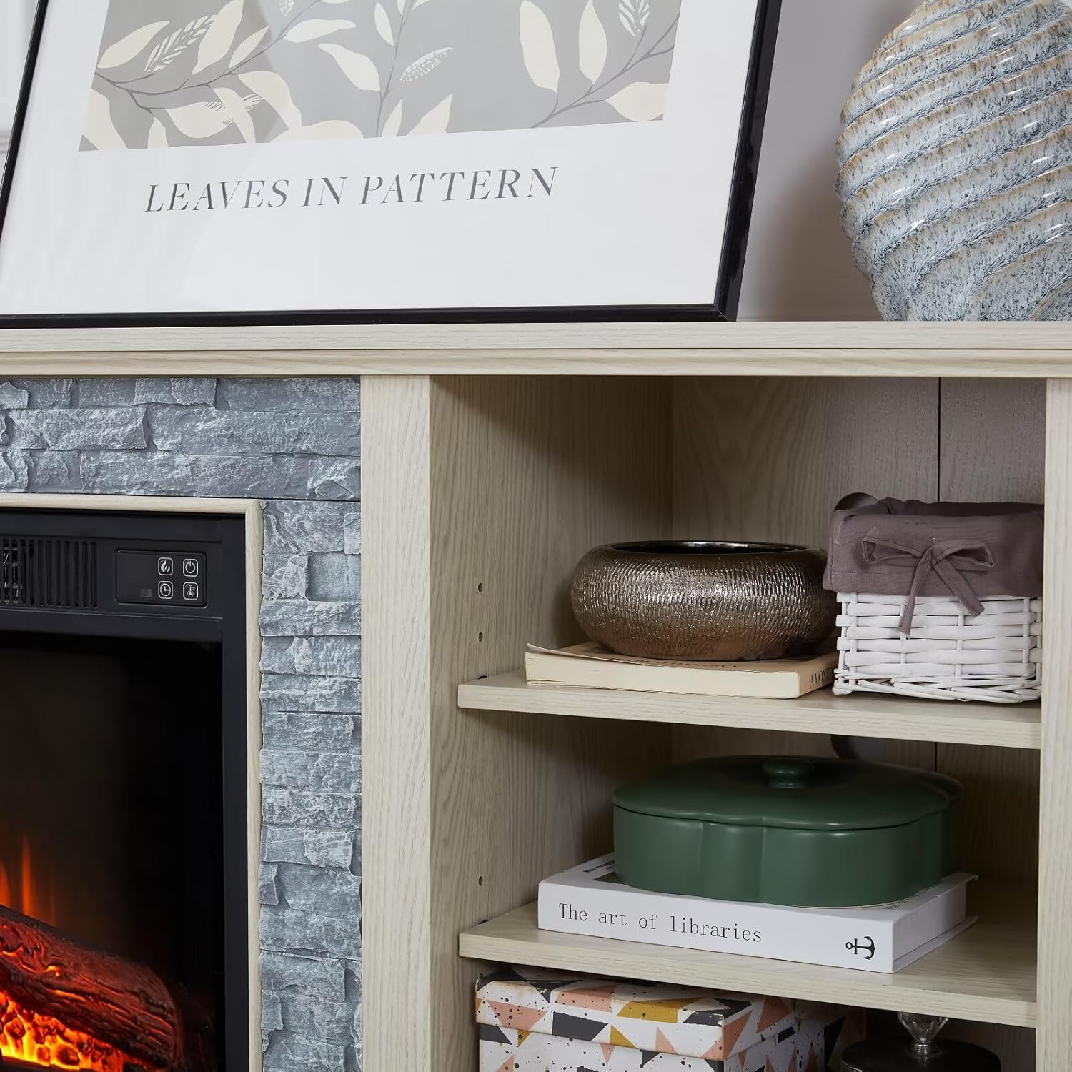 Large Faux Stacked Stone TV Desk Storage Rack, Media Console Table with Large Storage Cabinet,Modern TV Media Stand with 23" Fireplace Insert,White, 70.12" W*15.35" D*25.83" H